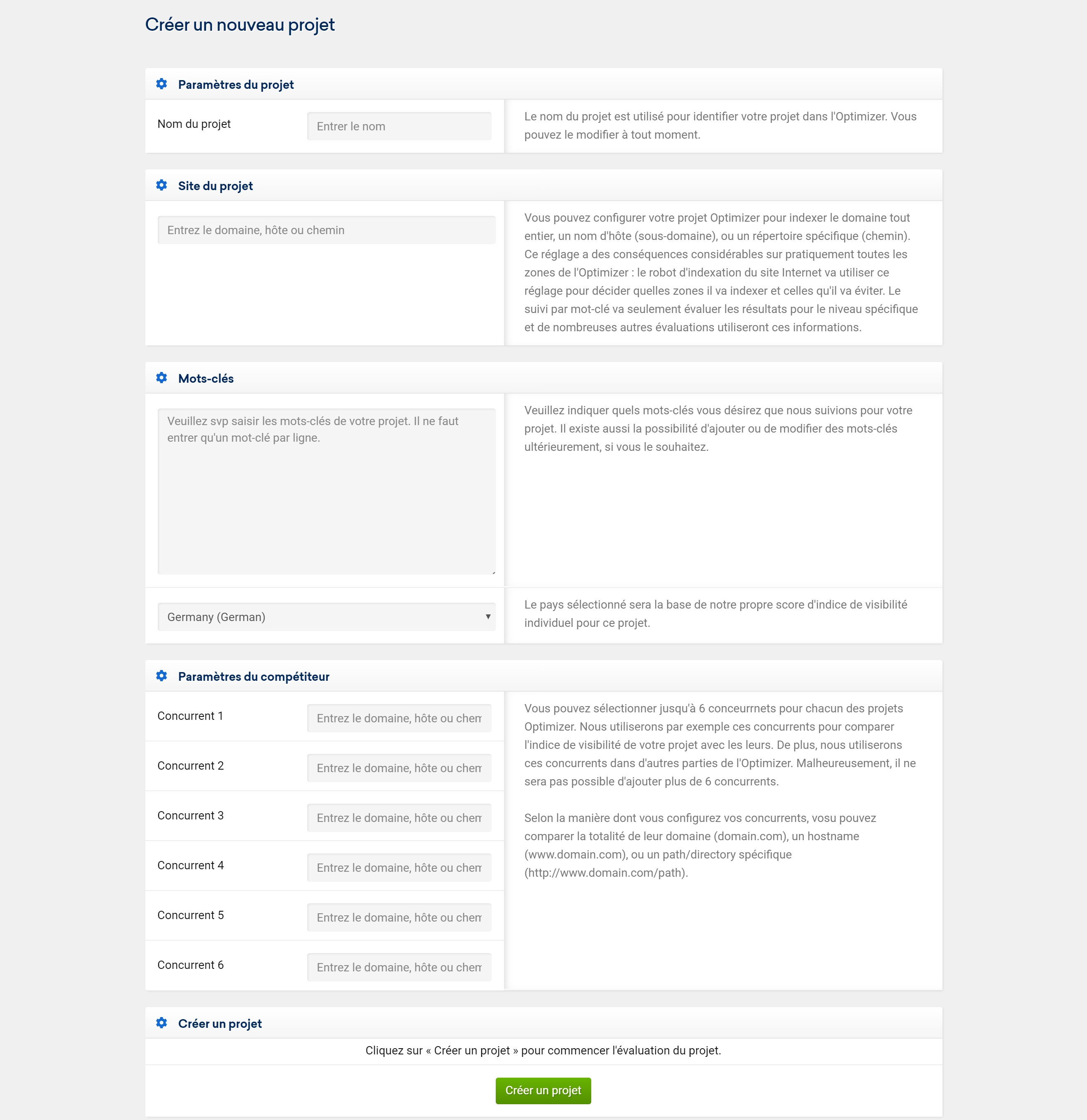 créer un projet Optimizer onsite Sistrix