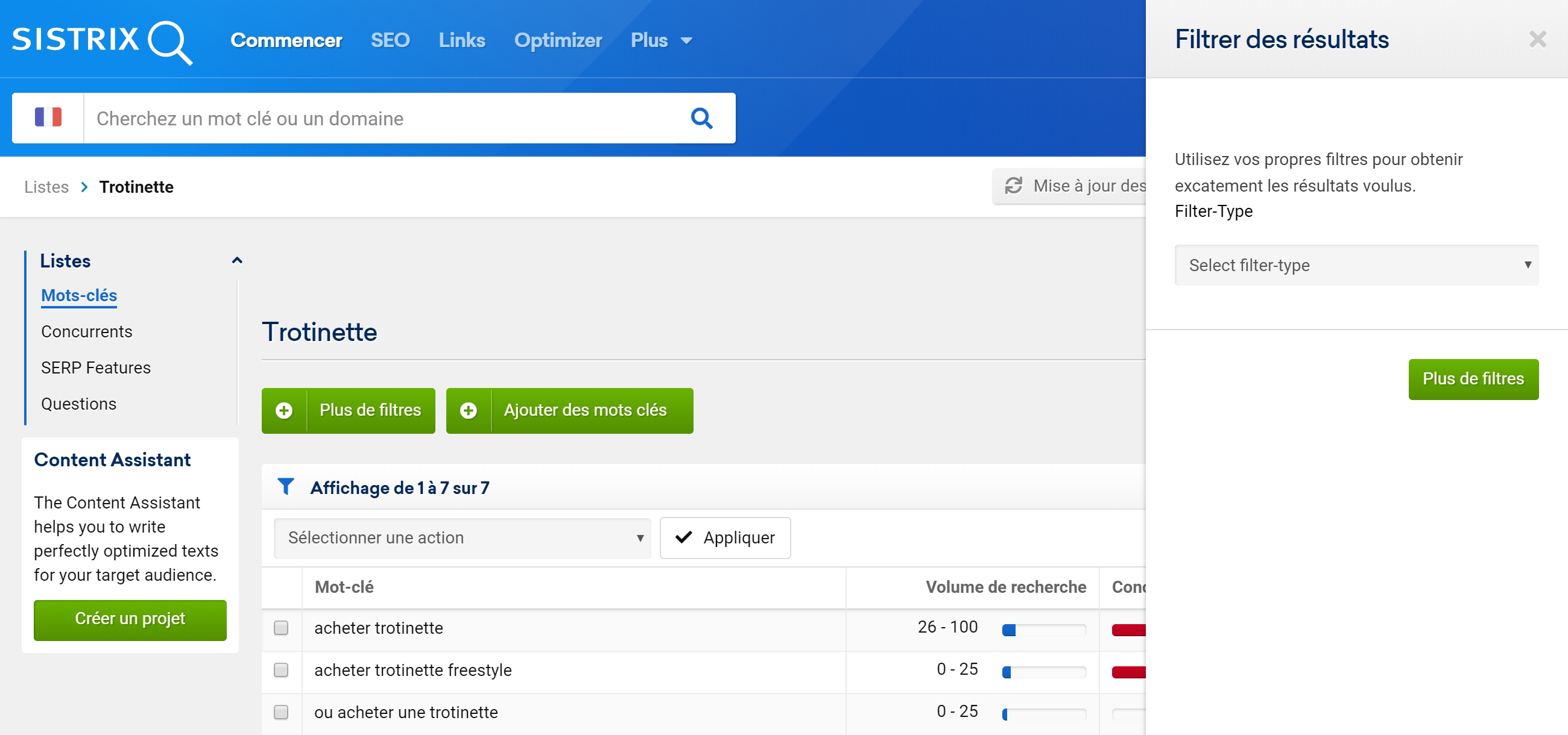 Filtres liste SIstrix : mots-clés, volume de recherche et pays