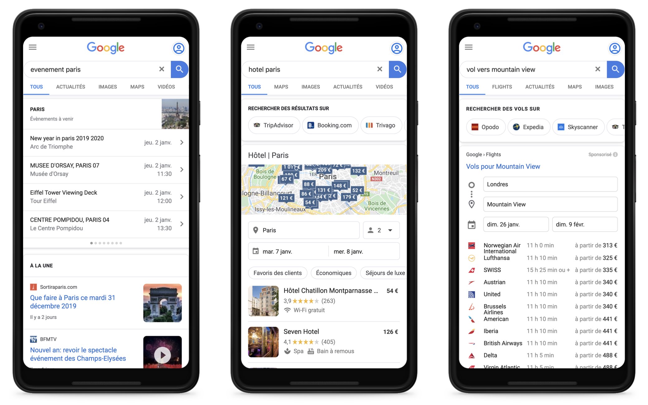 evenements, hotels, vols Google