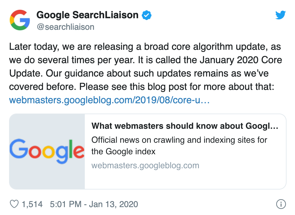 Tweet search liaison Juanuary core update