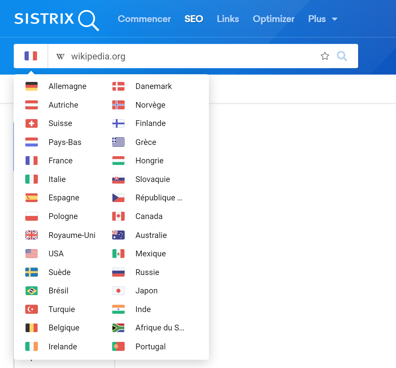 Comment changer de pays d'évaluation de domaine ou mot-clés avec les pays disponible Sistrix