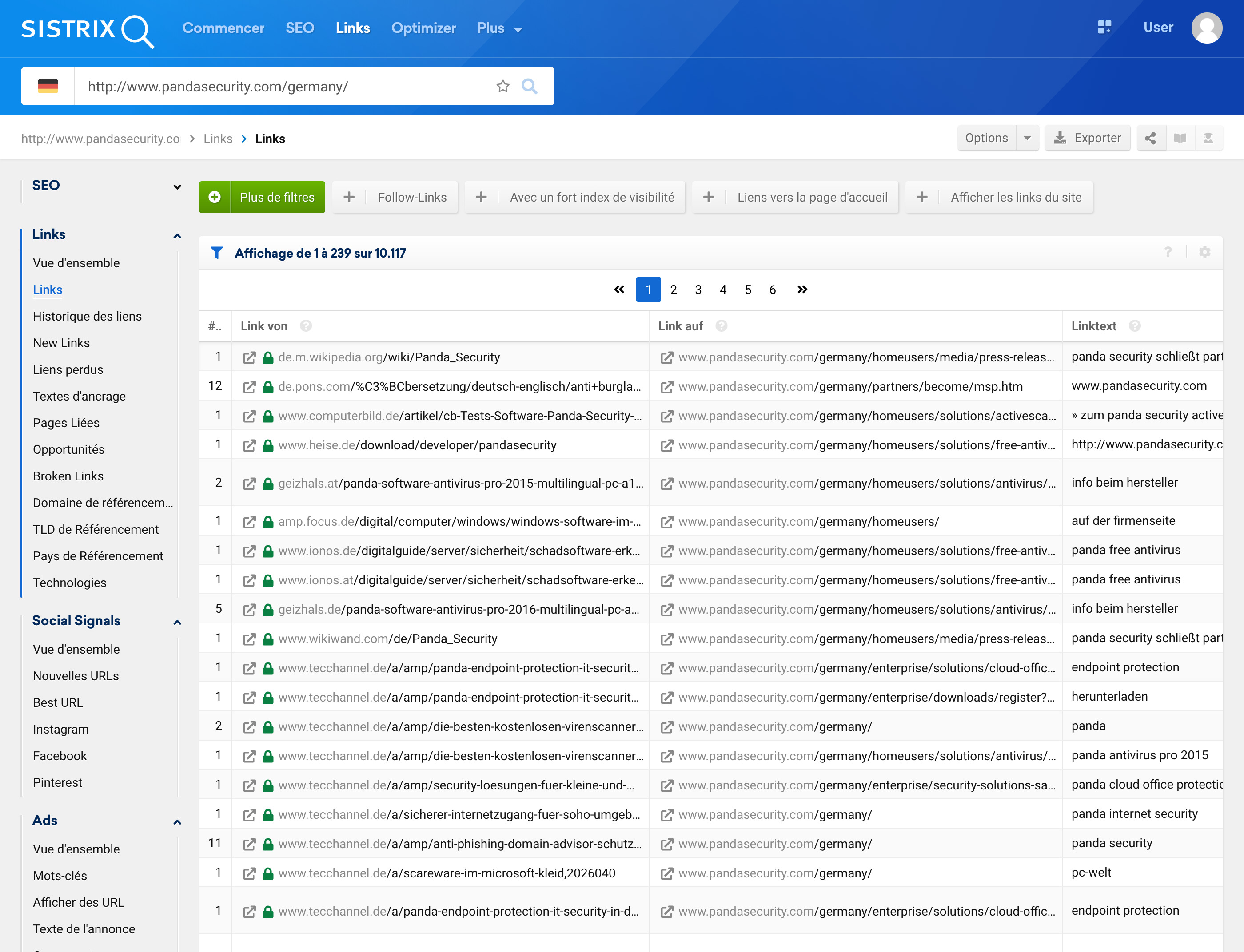 SISTRIX Toolbox affiche les URLs avec des liens retour importants et plusieurs mentions sociaux