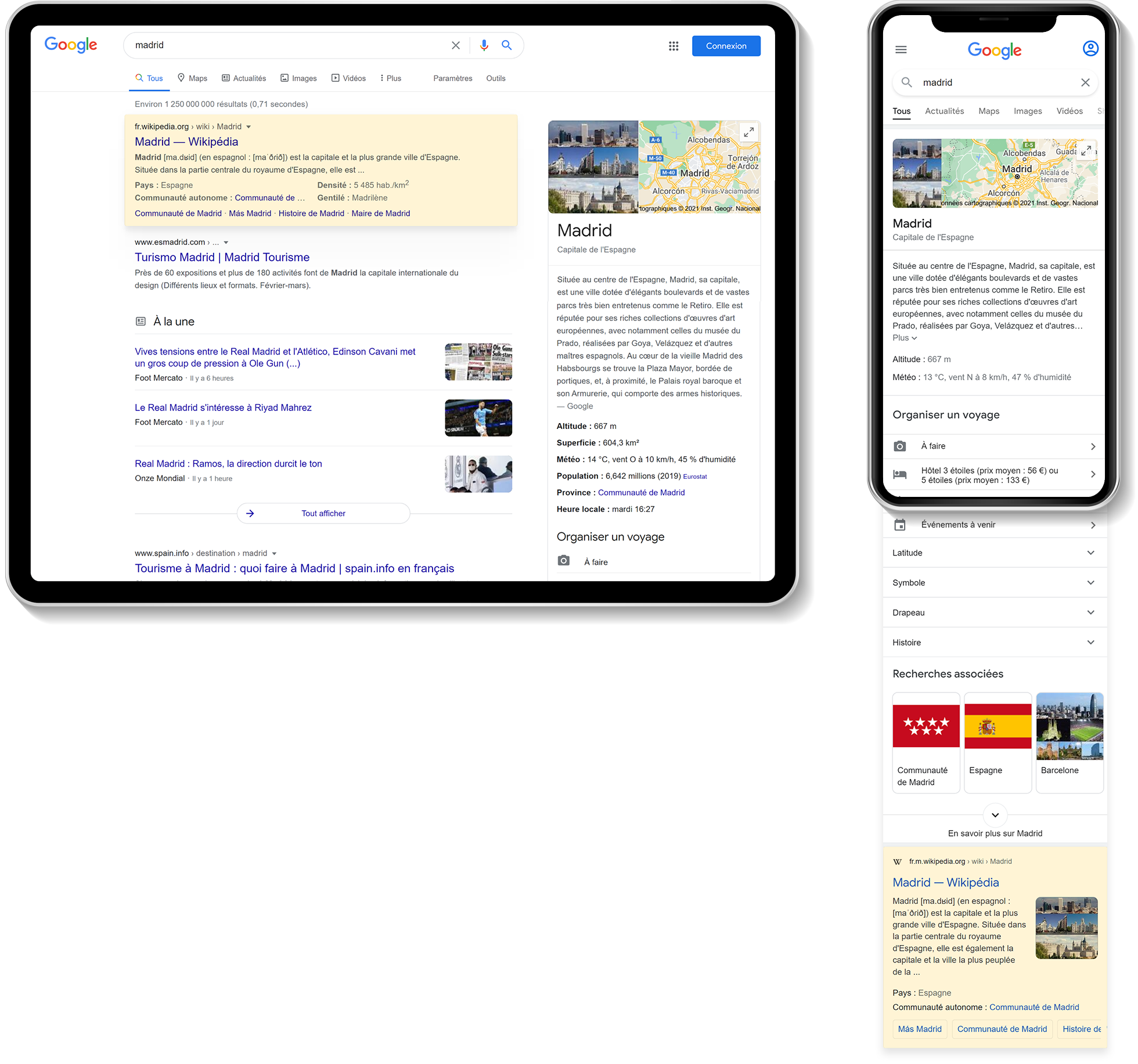 dispositions SERP pour Madrid sur PC et mobile