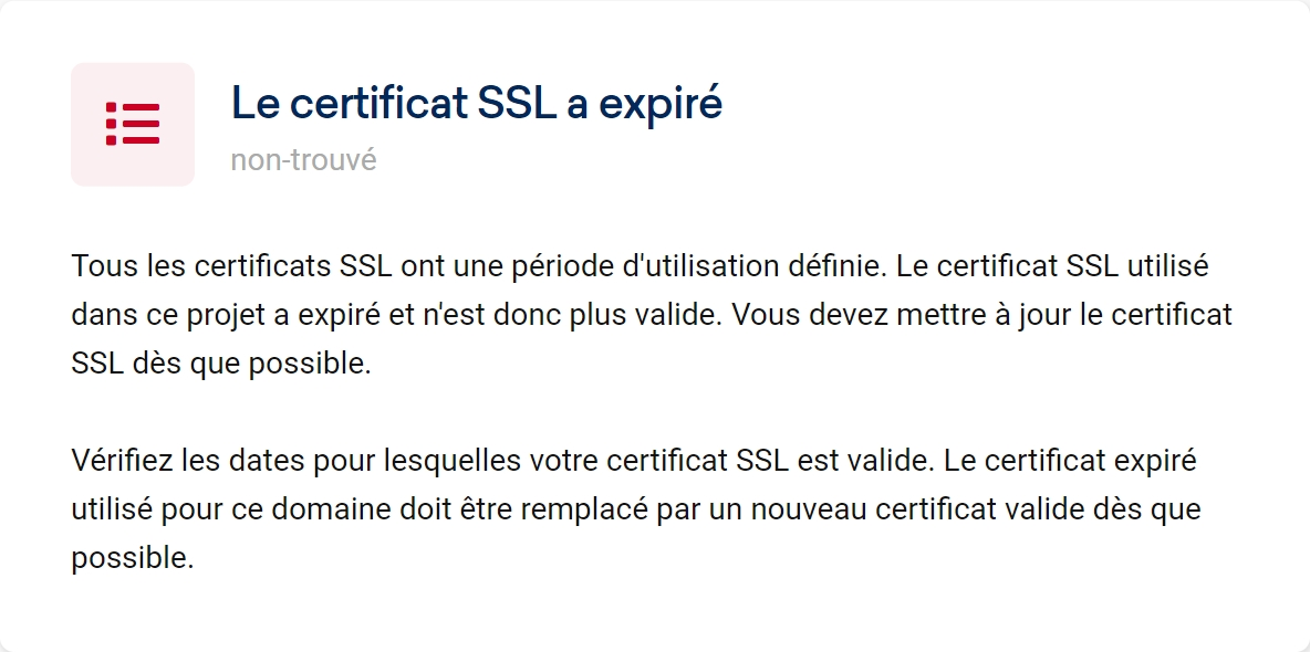 Vérification du certificat SSL comme facteur SEO dans l'Optimizer Sistrix