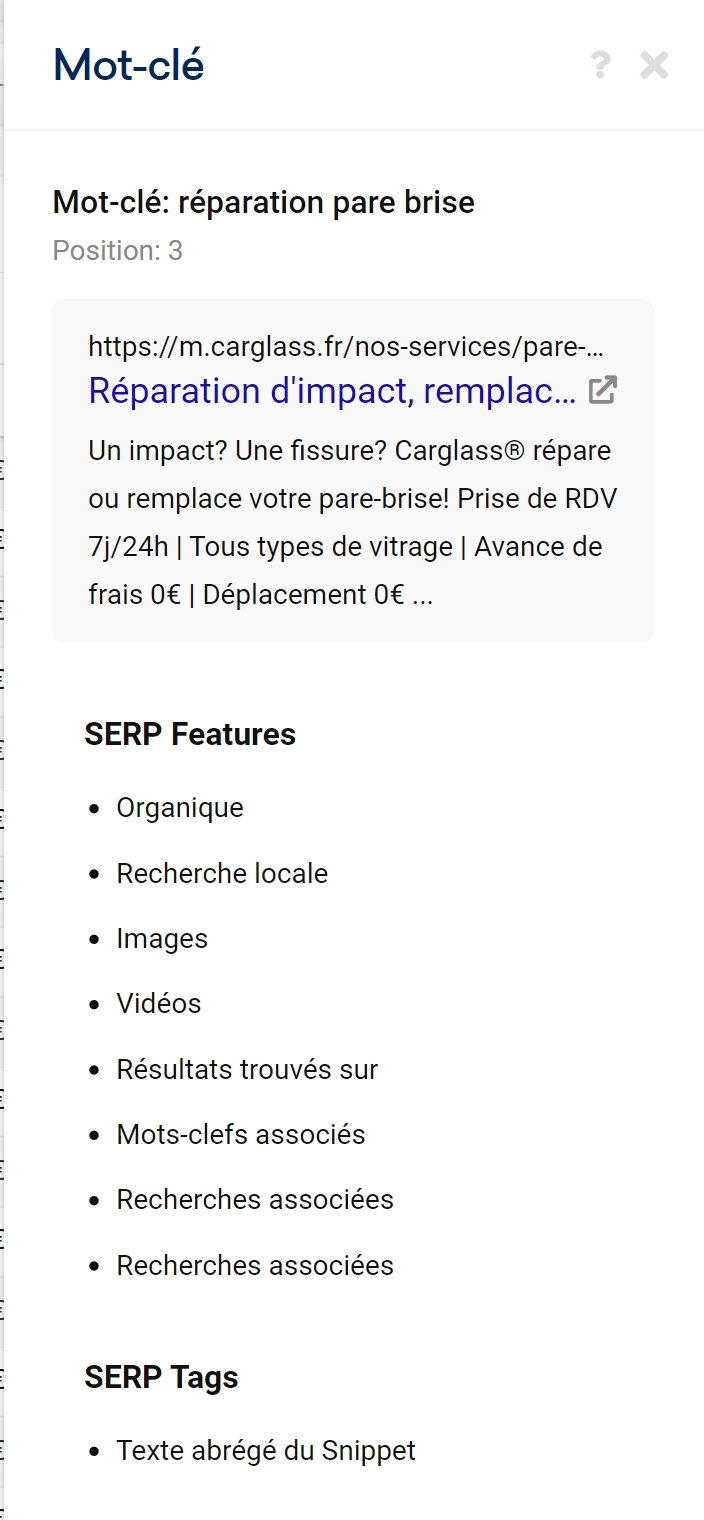 Fonctionnalités de SERP Google apparaissant pour chaque mot-clés