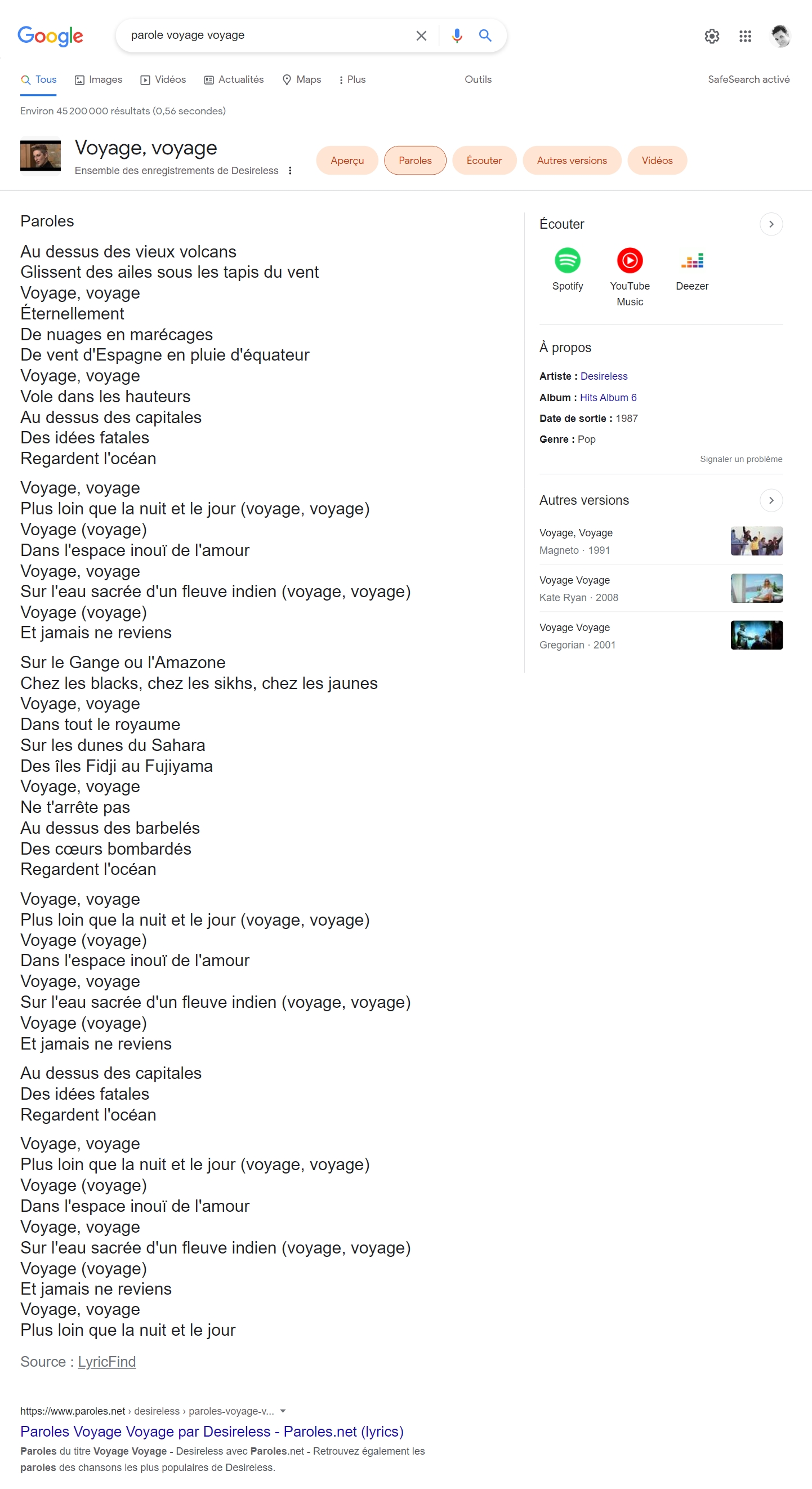 SERP Google avec les paroles de la chanson Voyage Voyage