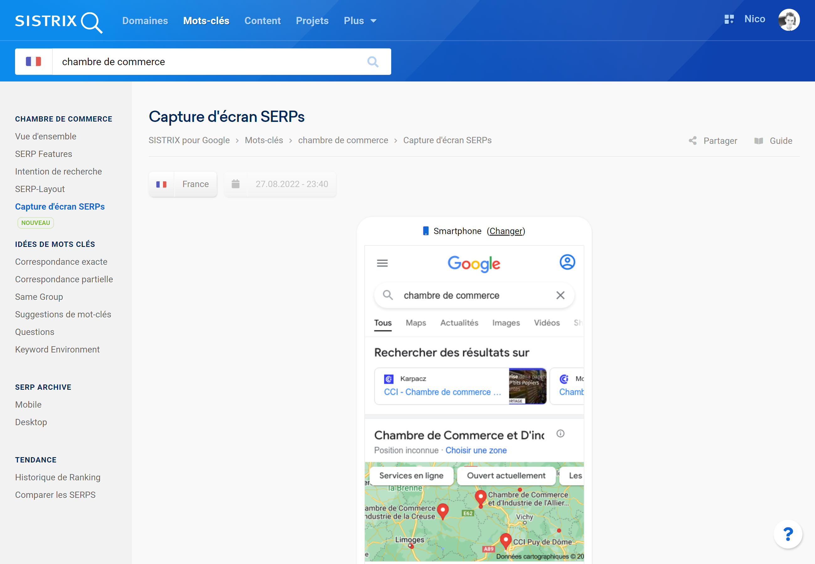 Fonctionnalité Screenshot de SERP pour le mot clé "Chambre de commerce" sur mobile au 27 aout 2022.