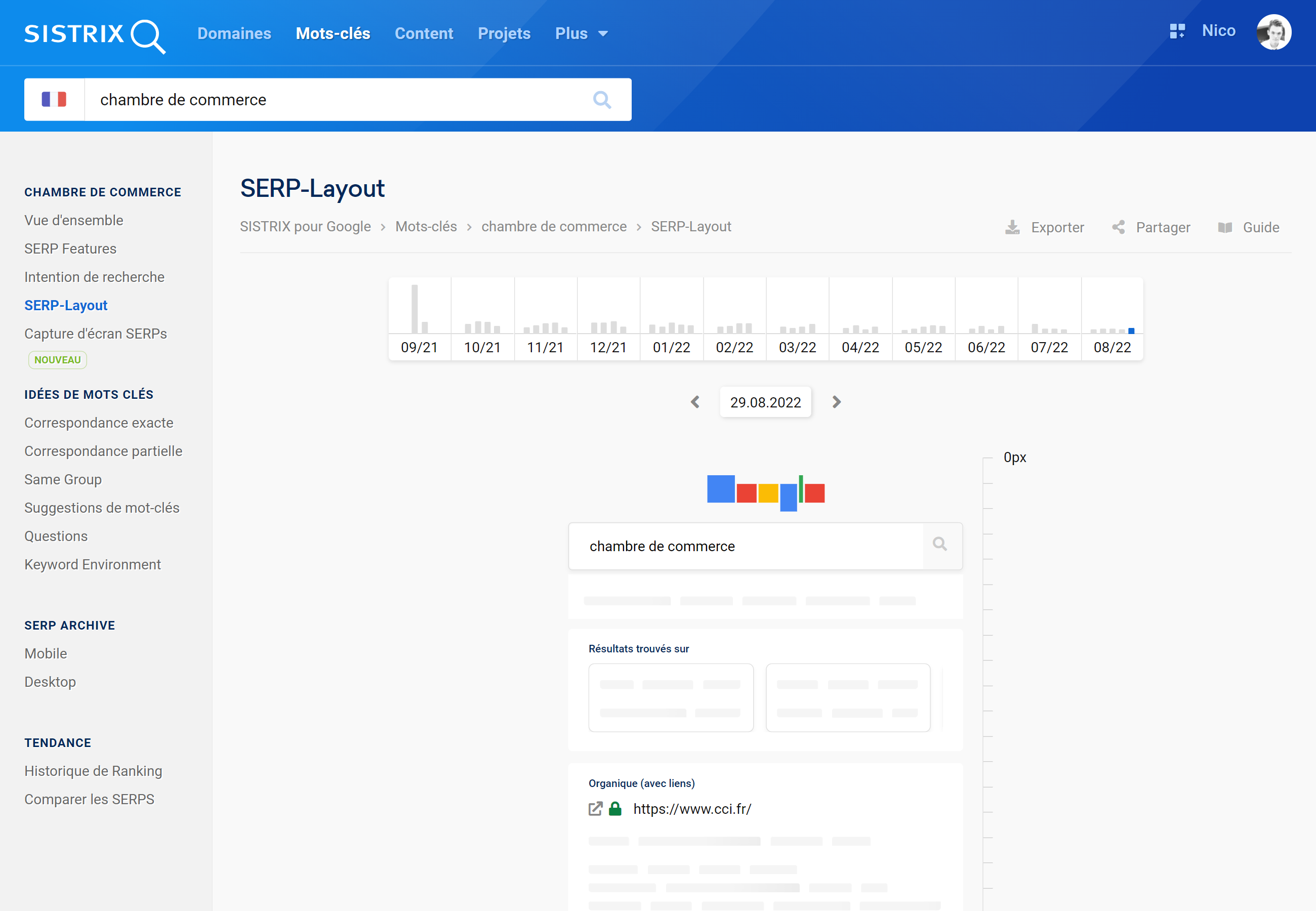 SERP Layout dans le temps, mesuré en pixels pour le mot clé "Chambre de commerce" au 29 aout 2022.