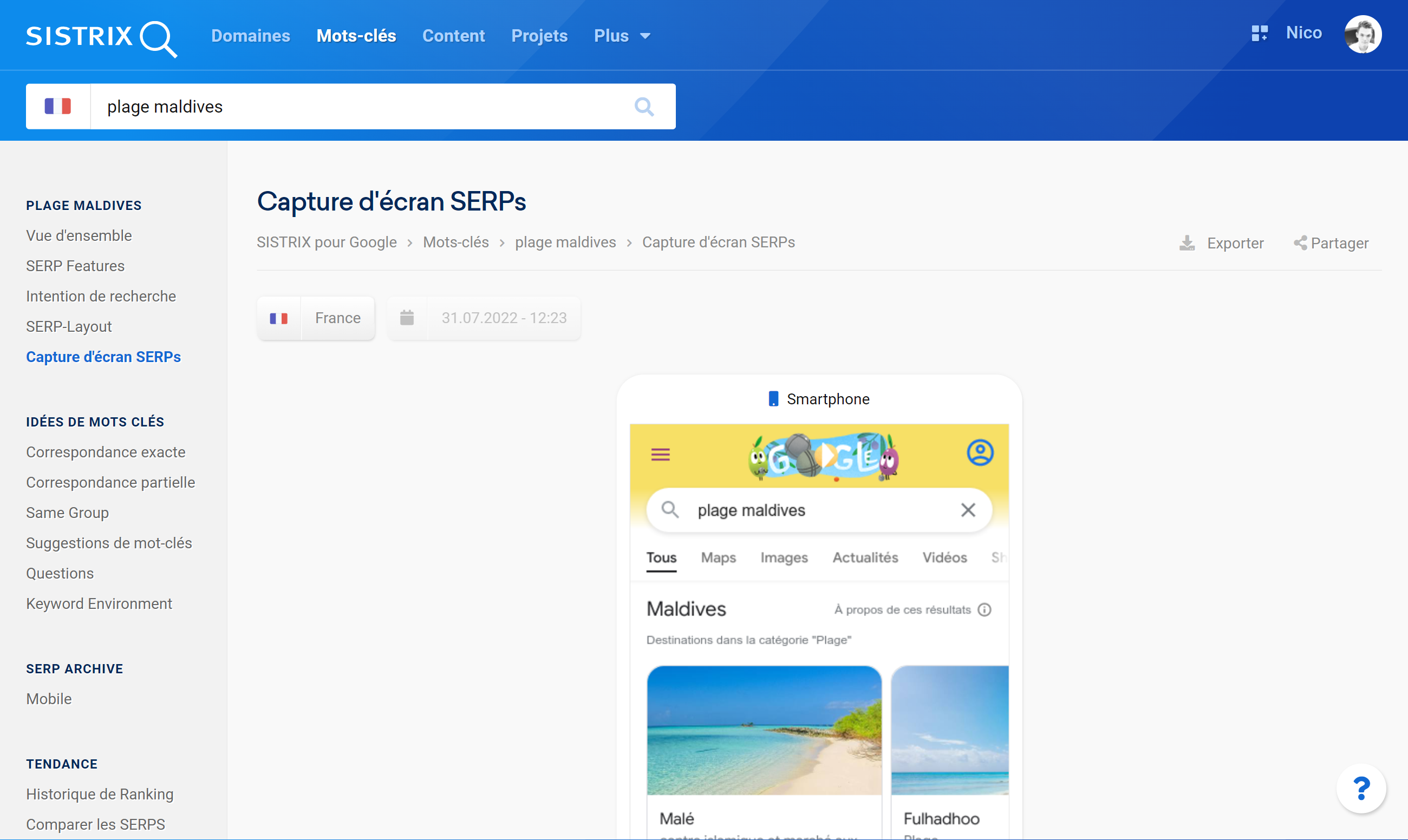 Copie d'écran au 31 juillet pour le mot-clé "Plage Maldives" en SERP française