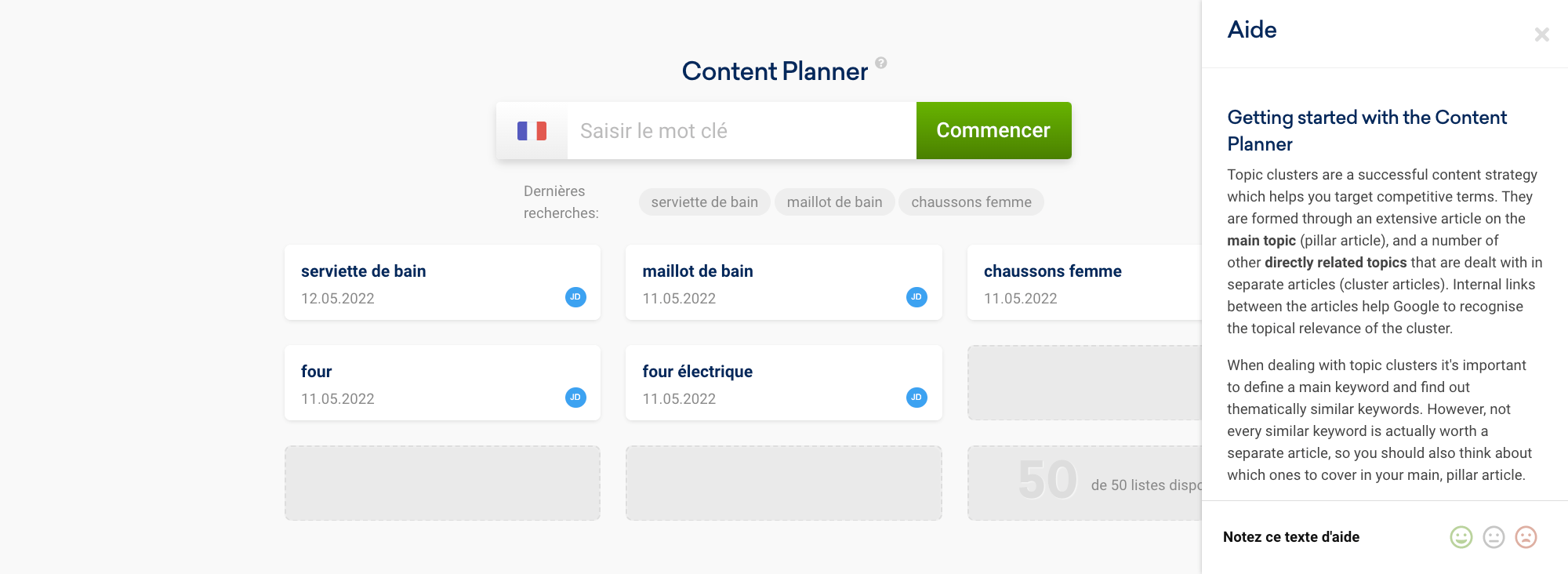 Focus sur la fonctionnalité Content Planner et sur le bouton d'aide.