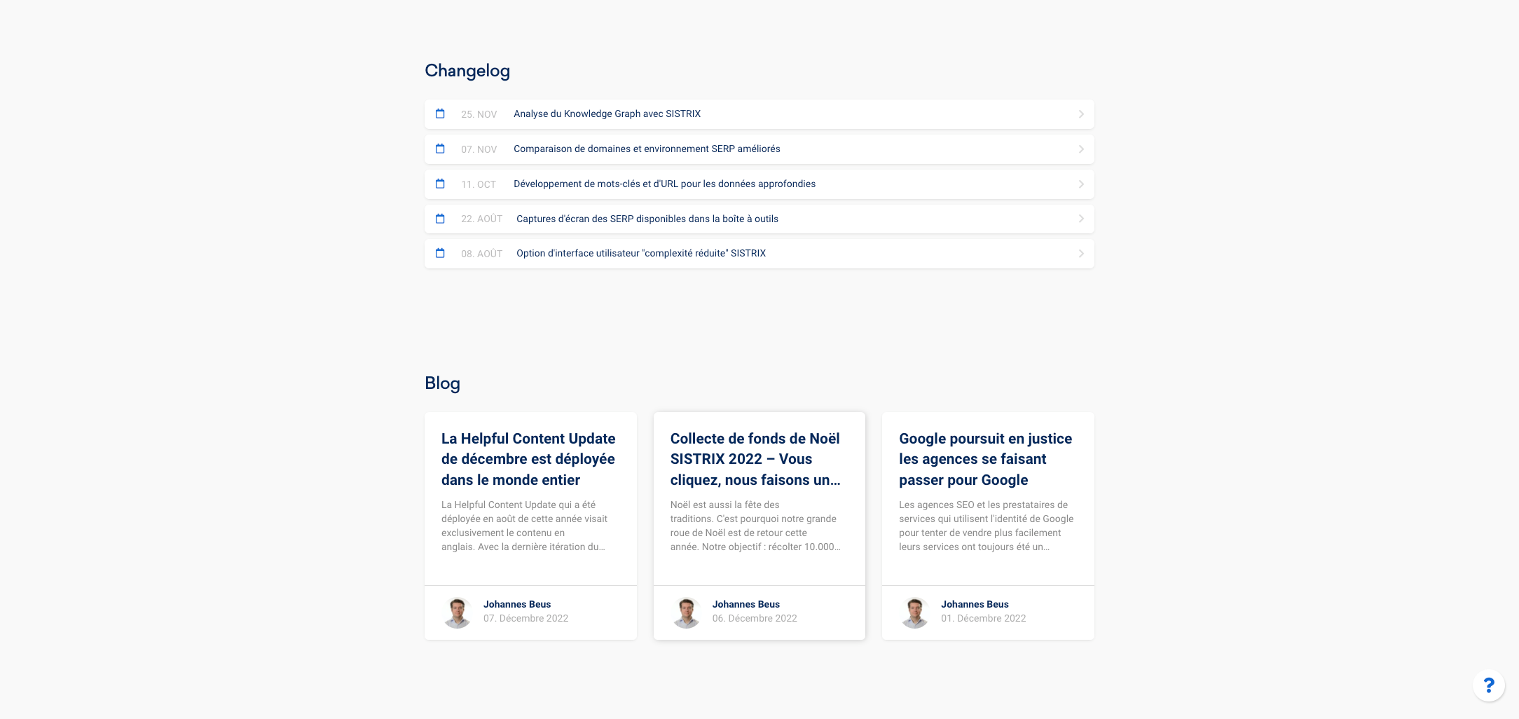 Interface de la Toolbox SISTRIX avec le changelog et le blog avec les derniers articles publiés