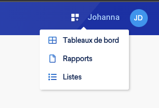 Menu Dashboard pour accéder aux Listes