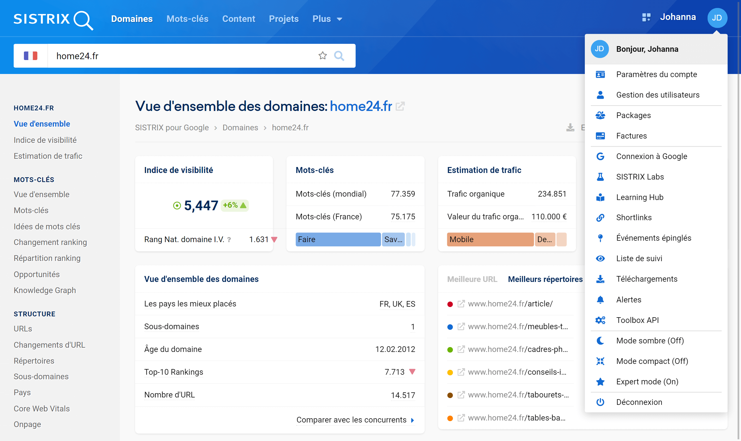 Emplacement de l'entrée Événements épinglés dans le menu