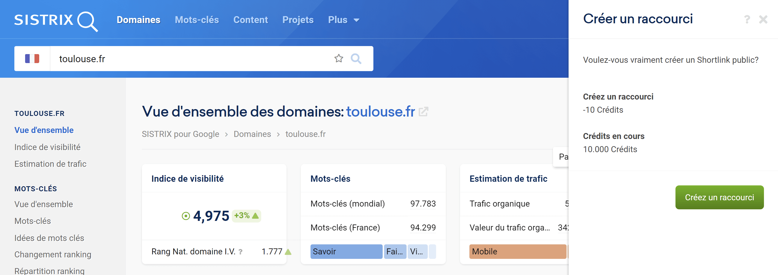 Aperçu de la vue d'ensemble pour l'analyse du domaine toulouse.fr avec le panel latéral de Partage