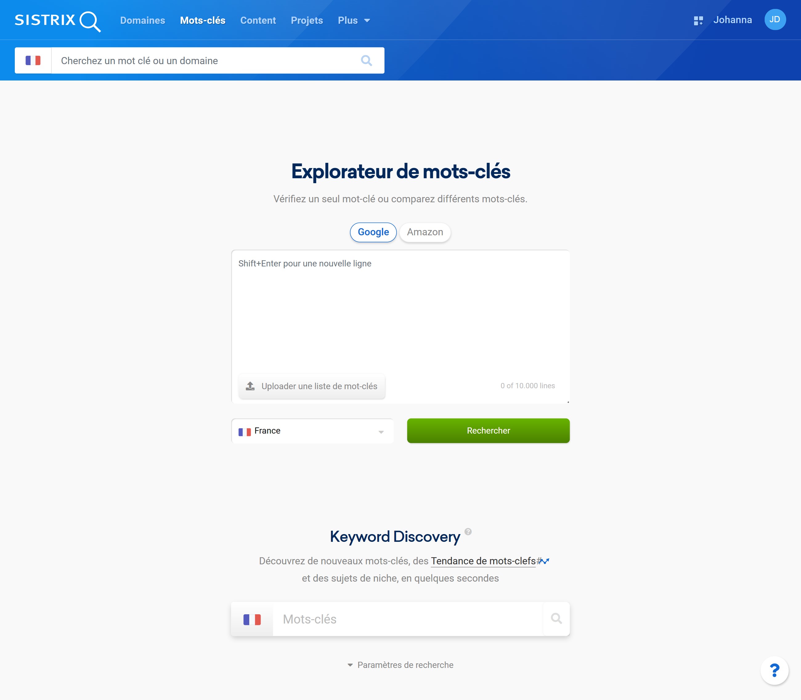 Aperçu de la page de recherche de mots-clés sur la Toolbox SISTRIX