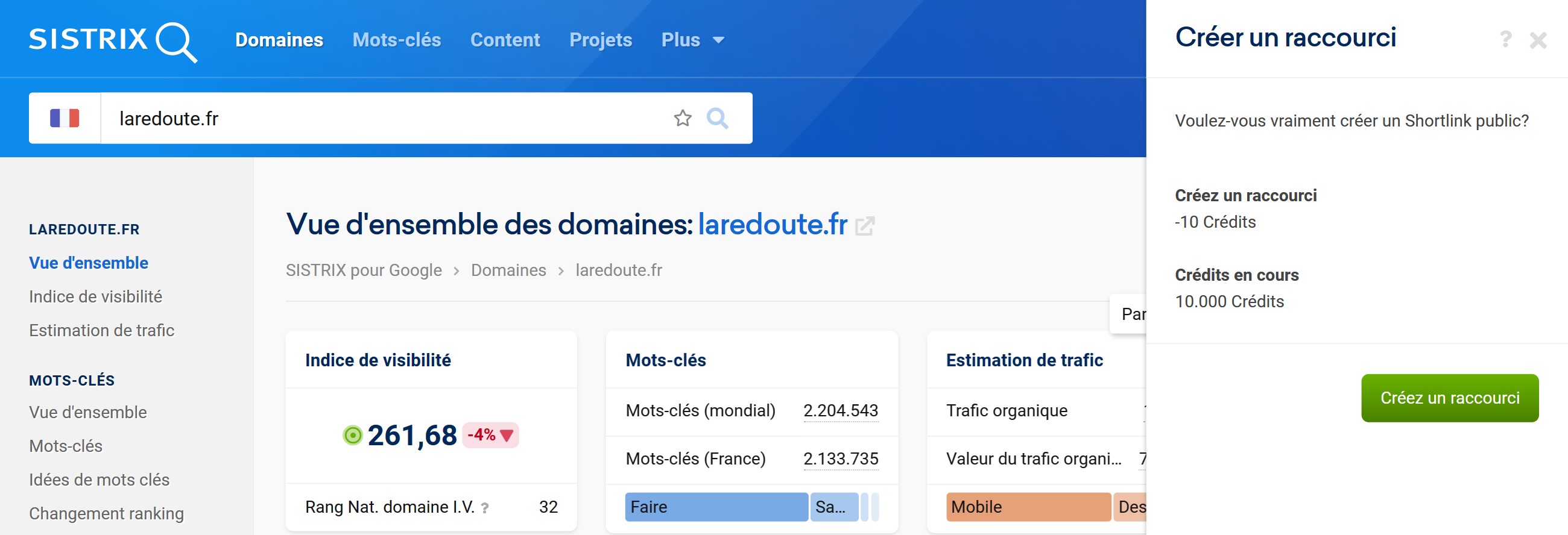 Fonctionnalité Partager sur la vue d'ensemble pour le domaine laredoute.fr