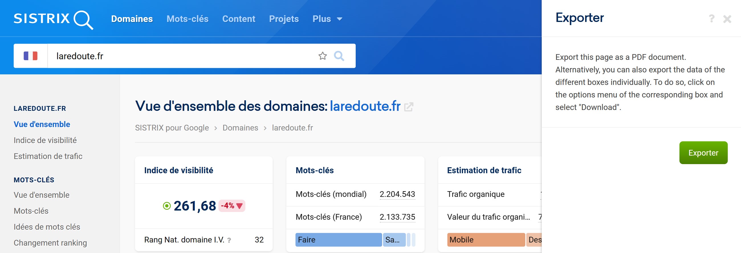 Fonctionnalité Exporte dans la vue d'ensemble du domaine laredoute.fr