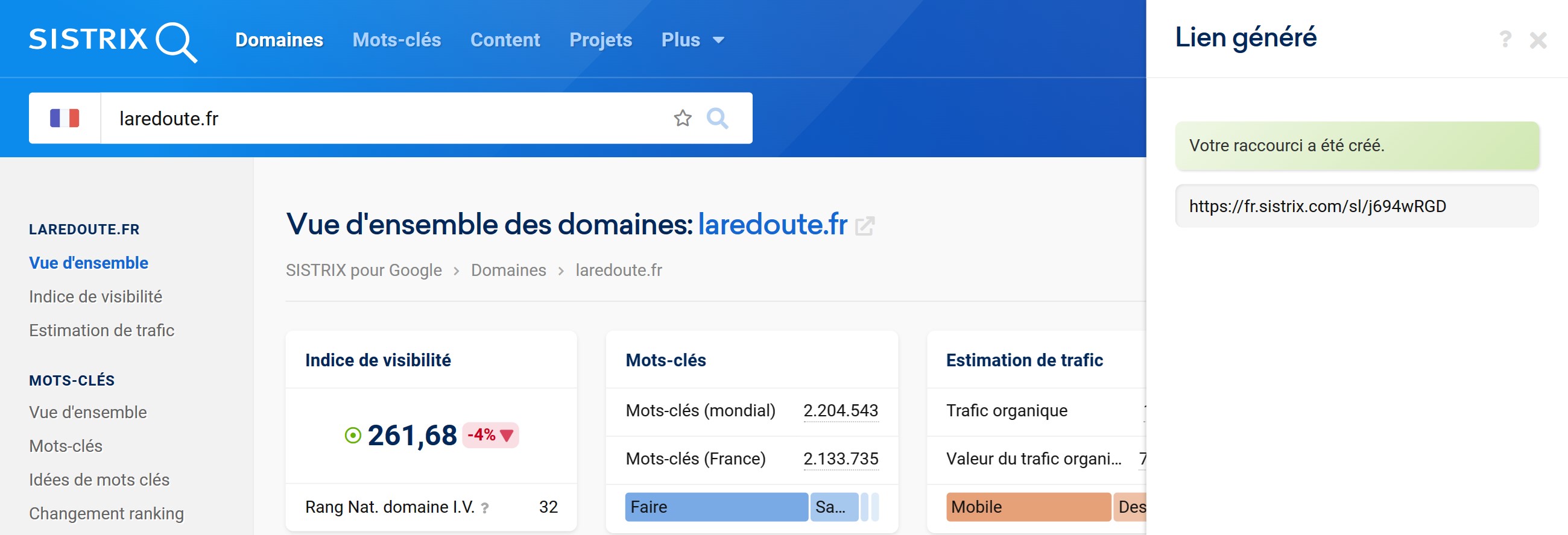 Générer un shortlink à partir de la fonctionnalité Partager dans la vue d'ensemble pour le domaine laredoute.fr