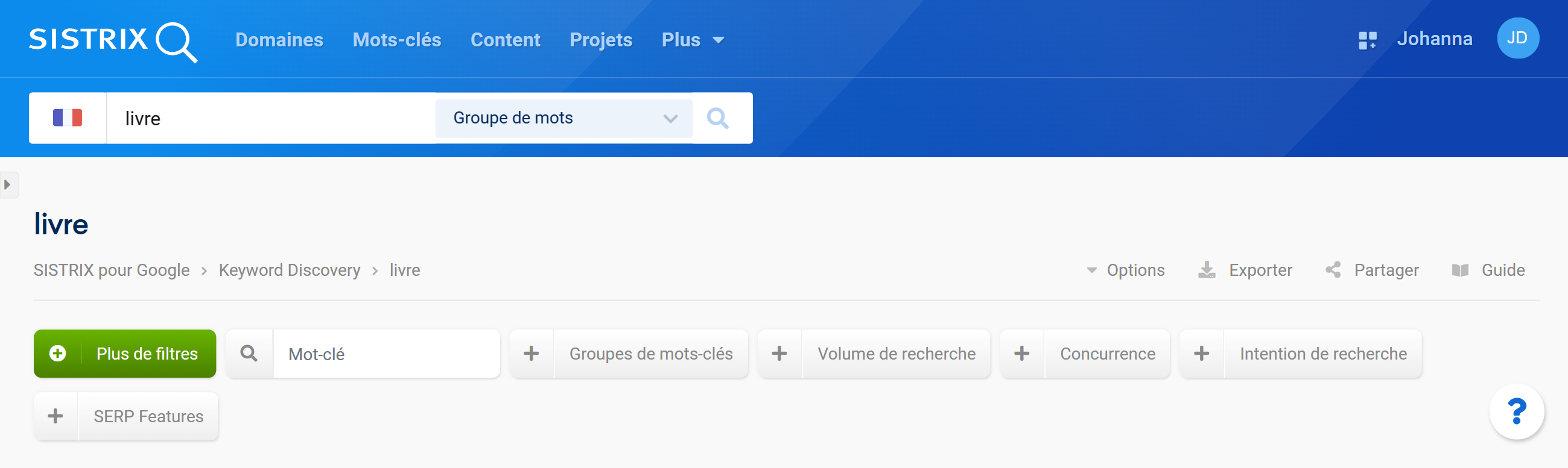 Comment filtrer les mots-clés avec le filtre Groupes de mots-clés depuis l'outil Keyword Discovery sur l'explorateur de mots-clés de la Toolbox SISTRIX