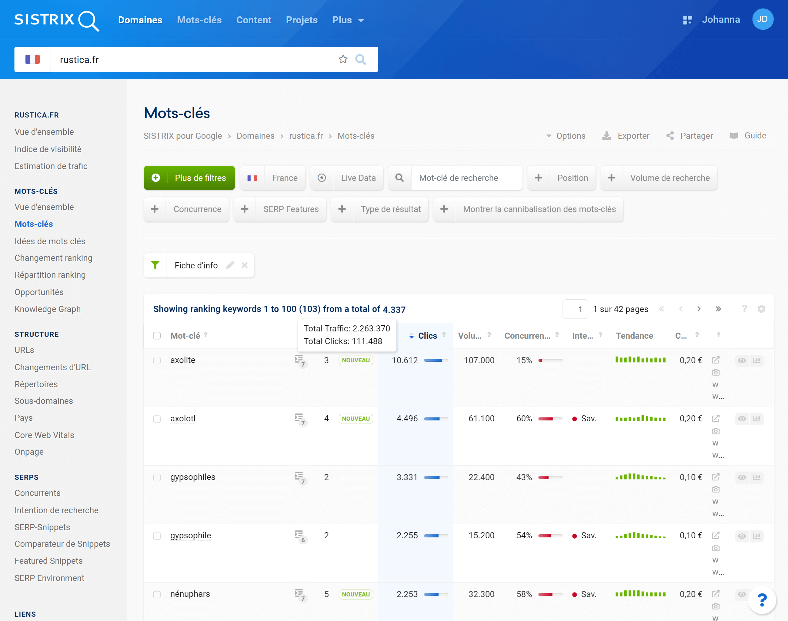 Liste de mots-clés SISTRIX Toolbox avec filtre