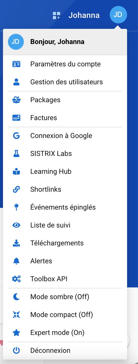 Menu de navigation pour les paramètres du compte et les différents modules accessibles dans la Toolbox SISTRIX