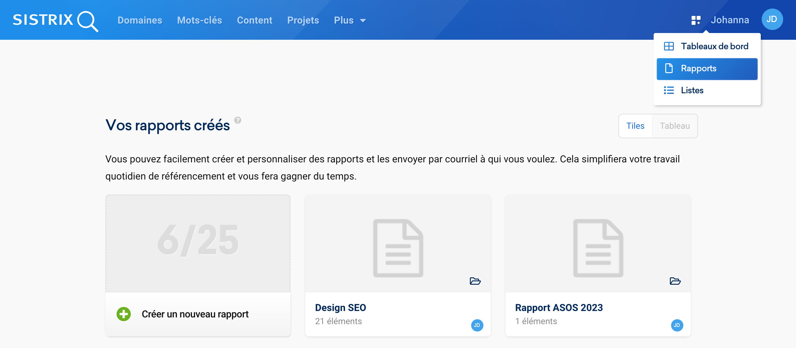 Emplacement de la section Rapports dans le menu de navigation