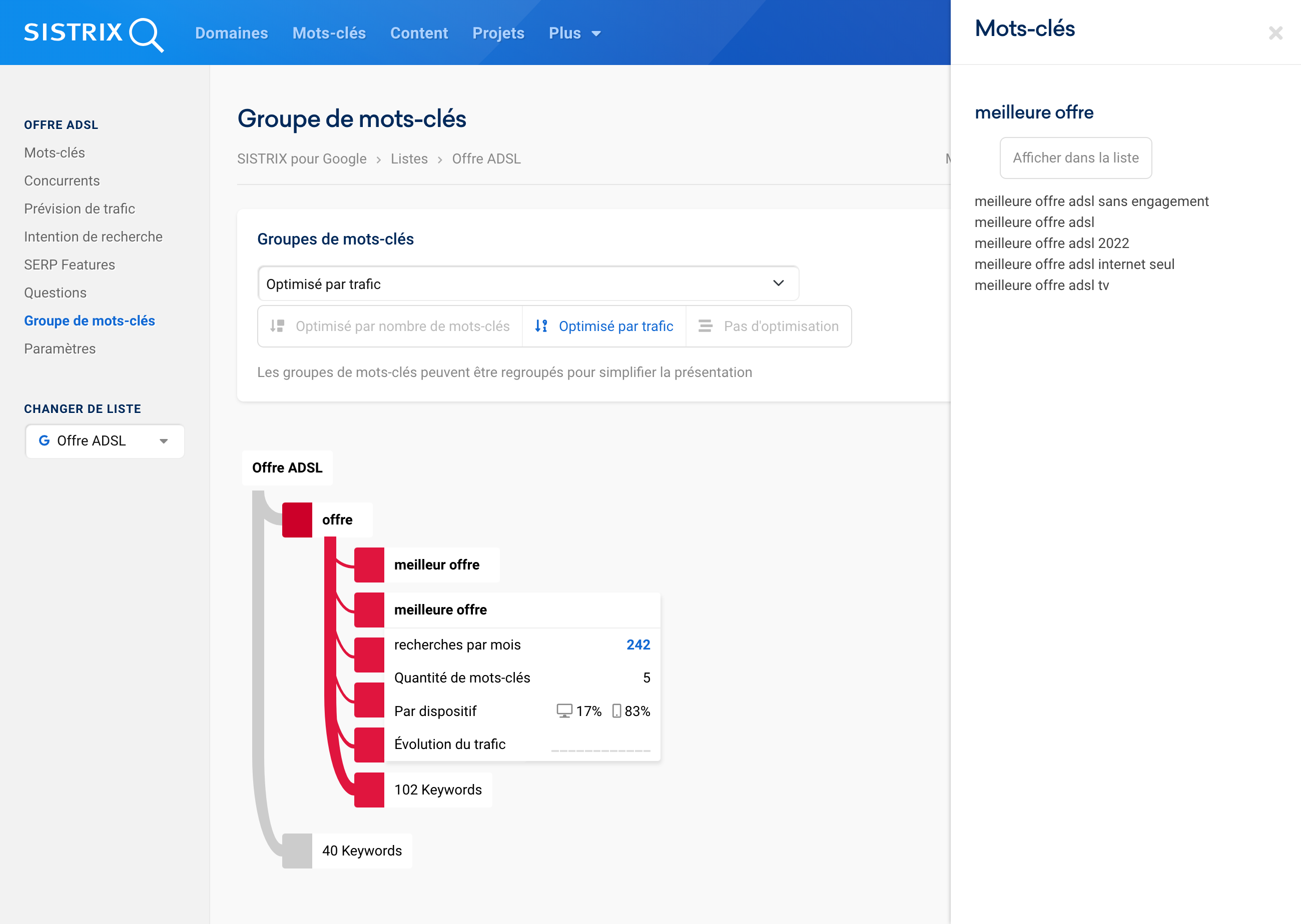 Analyse des groupes de mots-clés d'une liste selon le type d'optimisation sélectionné