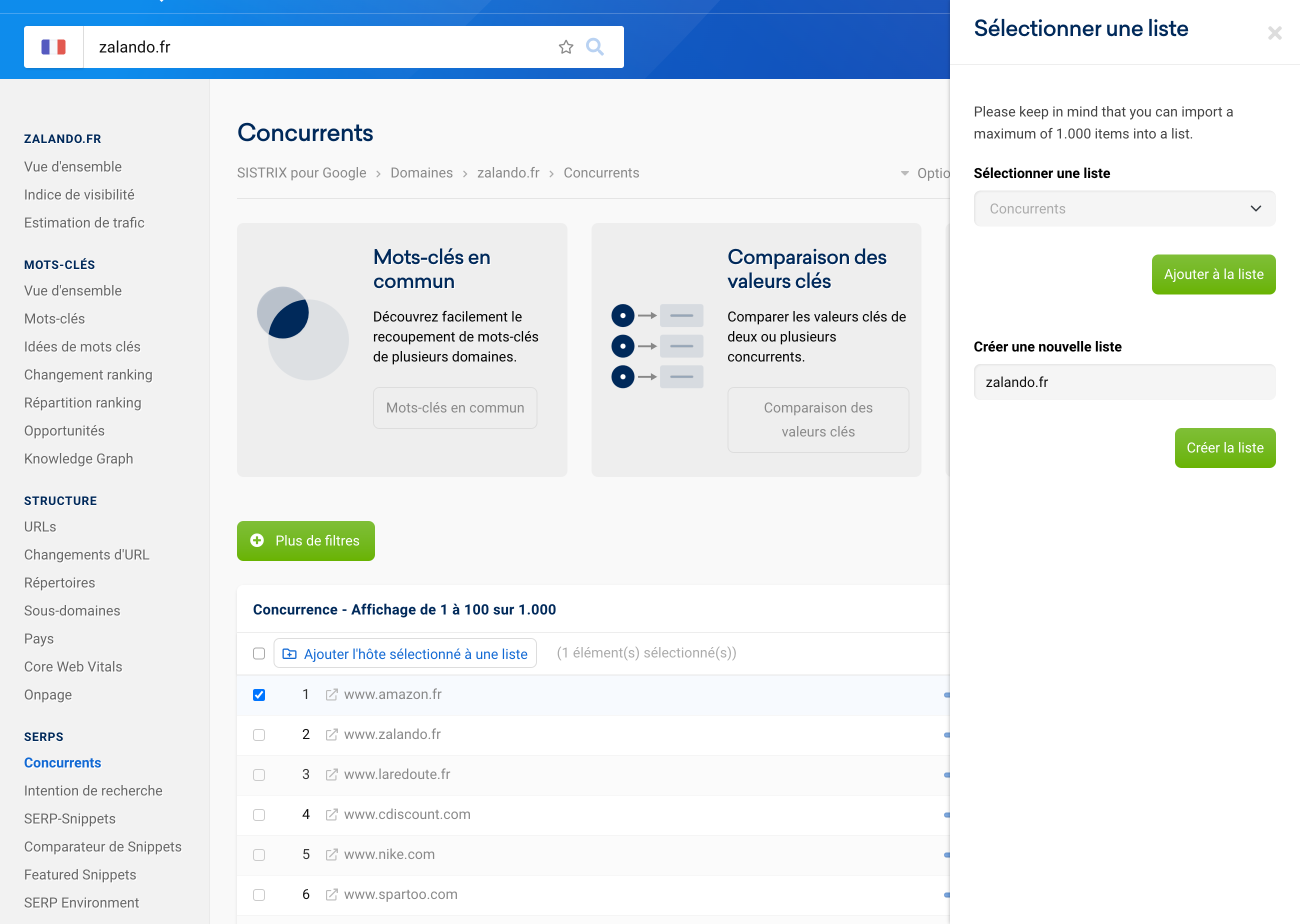 Ajouter des concurrents depuis l'analyse d'un domaine