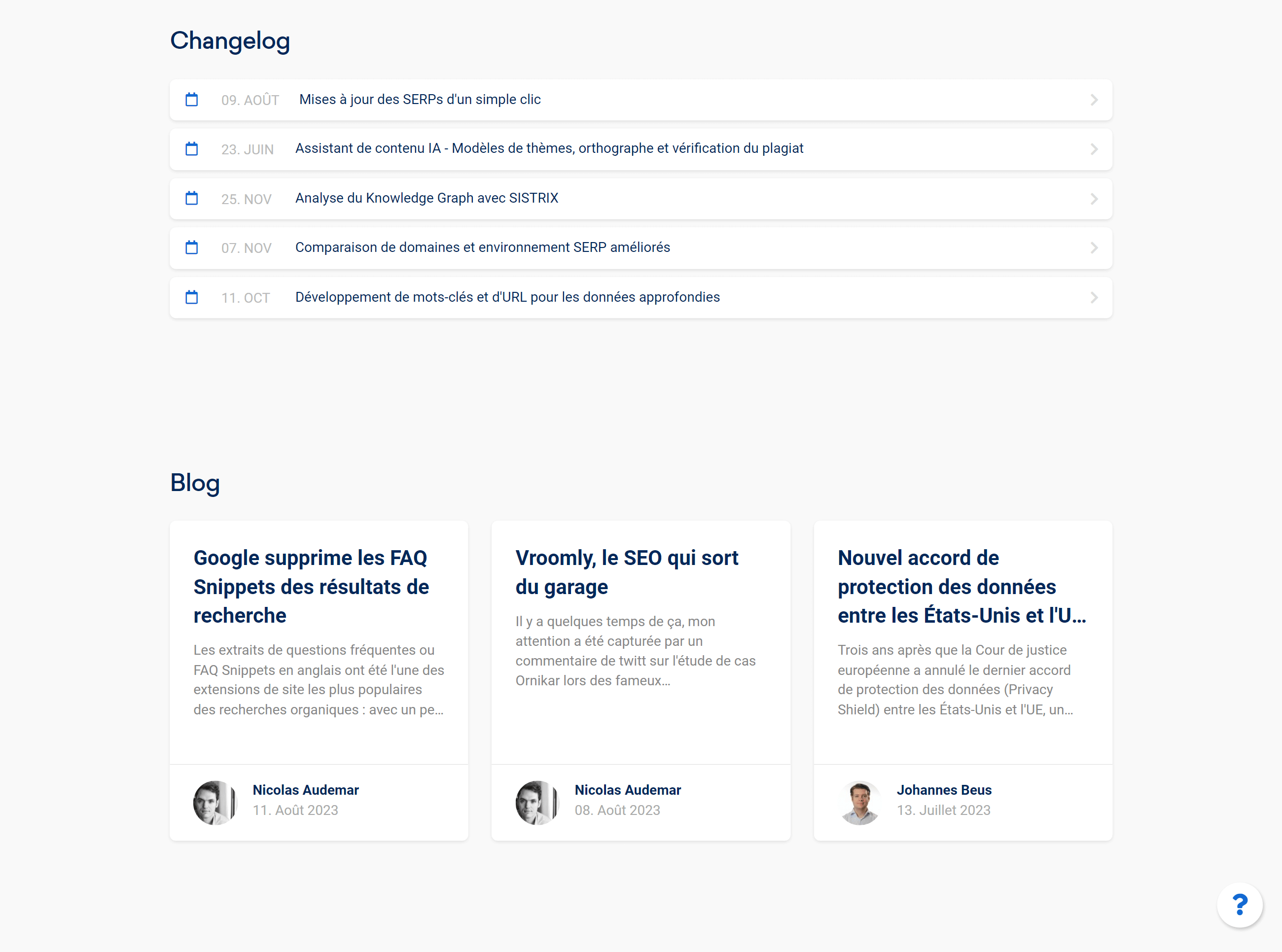 Interface de la Toolbox SISTRIX avec le changelog et le blog avec les derniers articles publiés