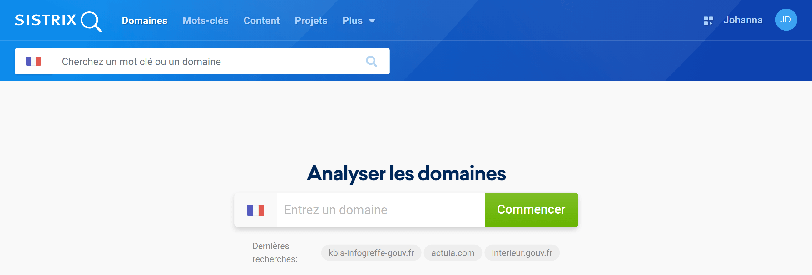 Barre de recherche permettant de saisir un nom de domaine sur l'interface de la Toolbox SISTRIX 