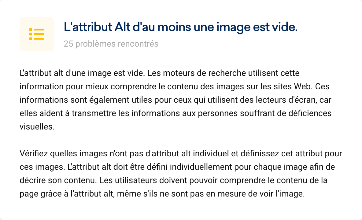 Description de l'avertissement "L'attribut Alt d'au moins une image est vide." dans une analyse Onpage