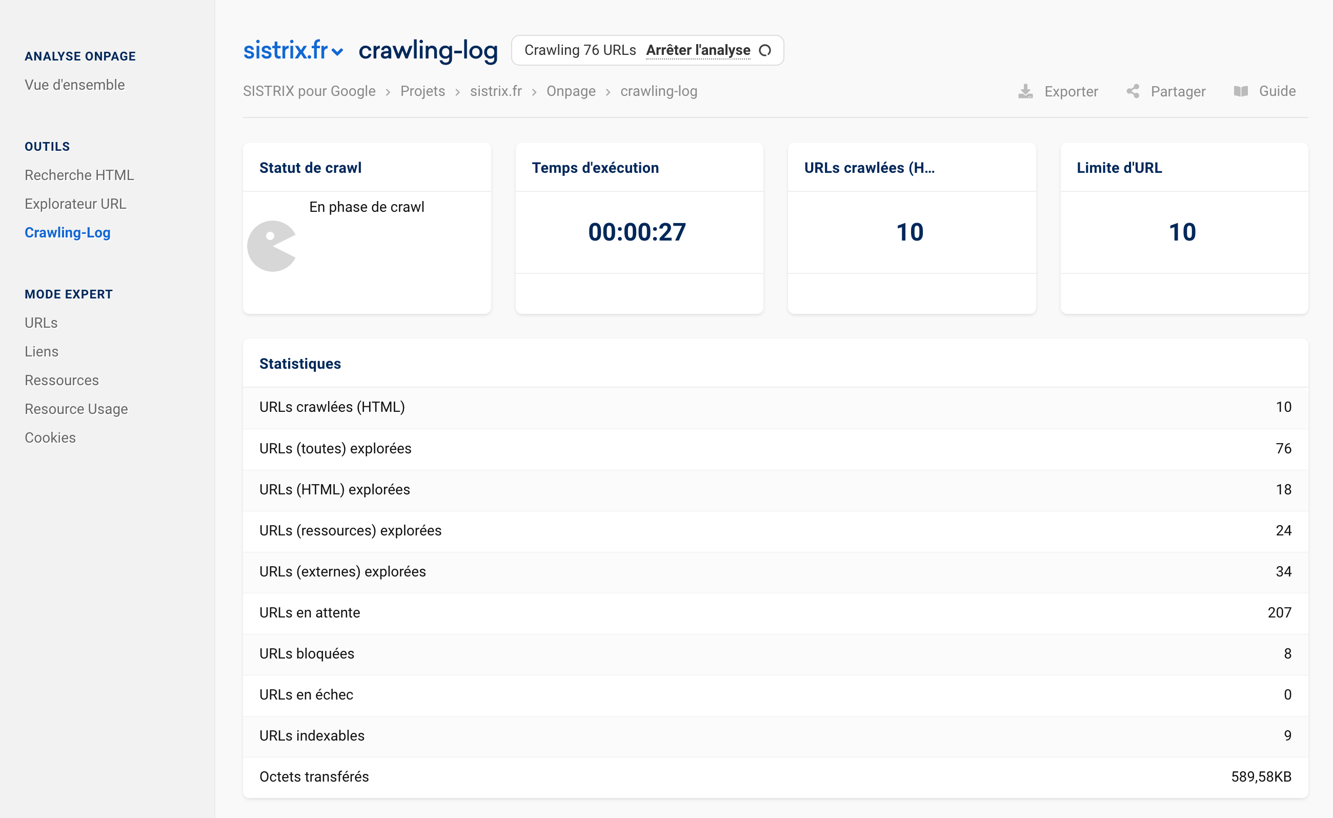 Crawling du domaine sistrix.fr pour le projet lancé