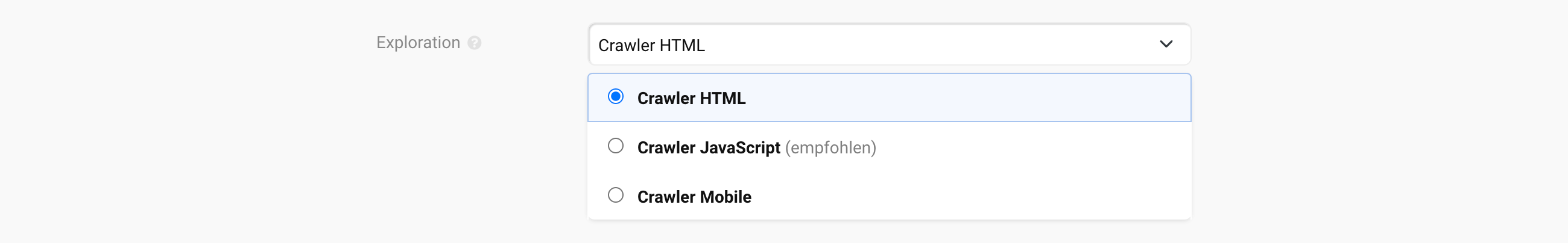 Choisir le type d'exploration HTMP, JavaScript ou Mobile