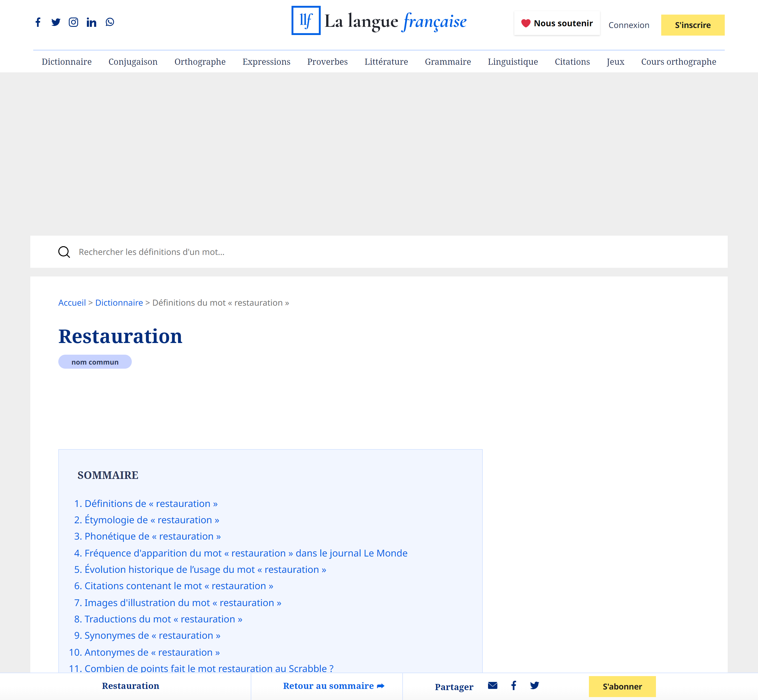 Haut de page du site lalanguefrancaise.com répertoire dictionnaire et définition restauration