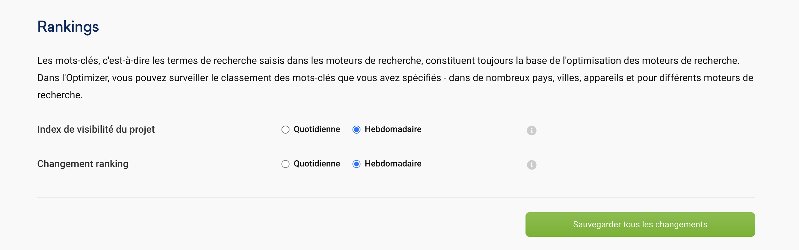 Réglages des rankings dans les paramètres d'un projet