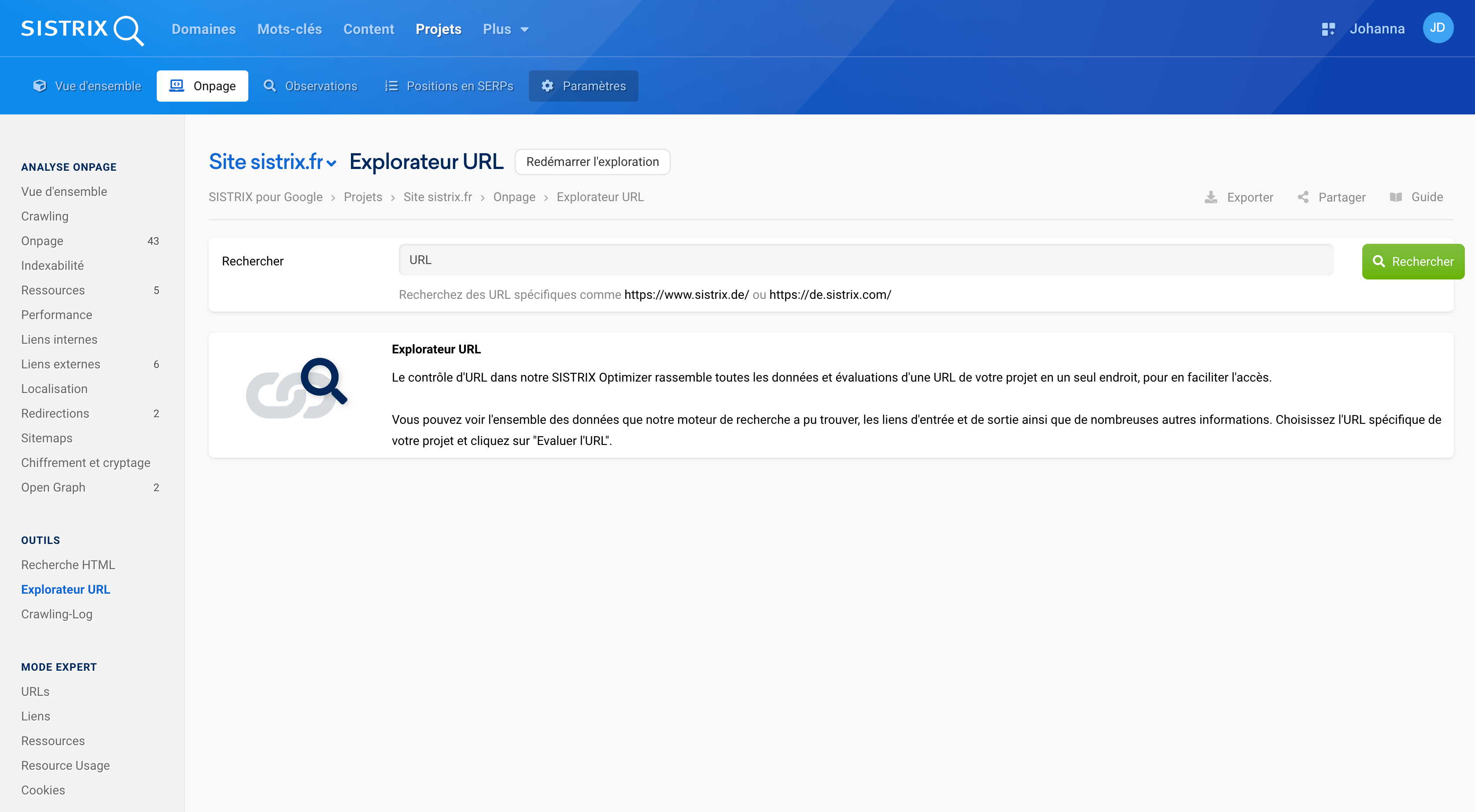 Utiliser la fonctionnalité Explorateur URL dans un projet Onpage