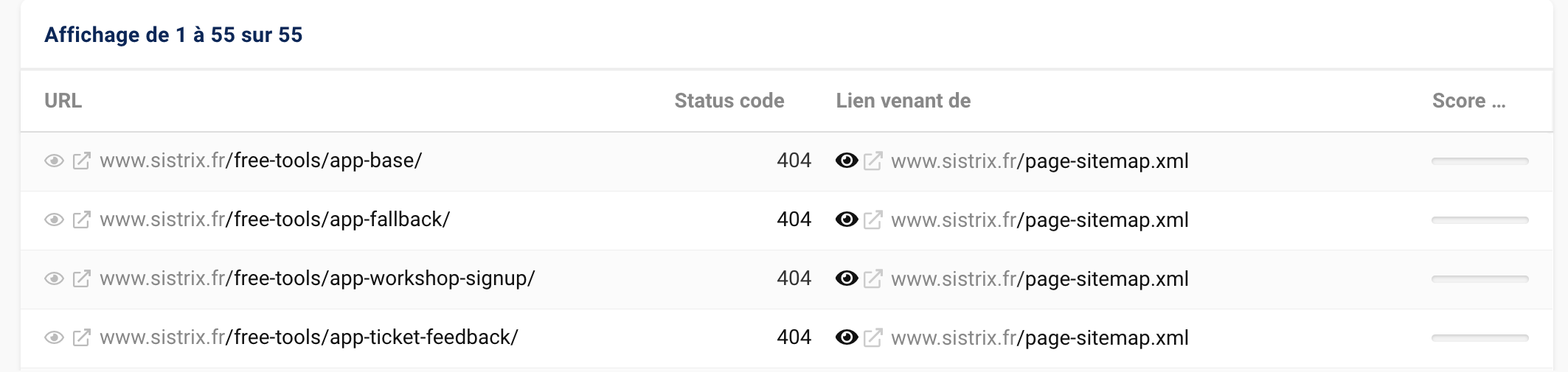 Liste des pages non trouvées identifiées comme erreurs dans le projet sistrix.fr
