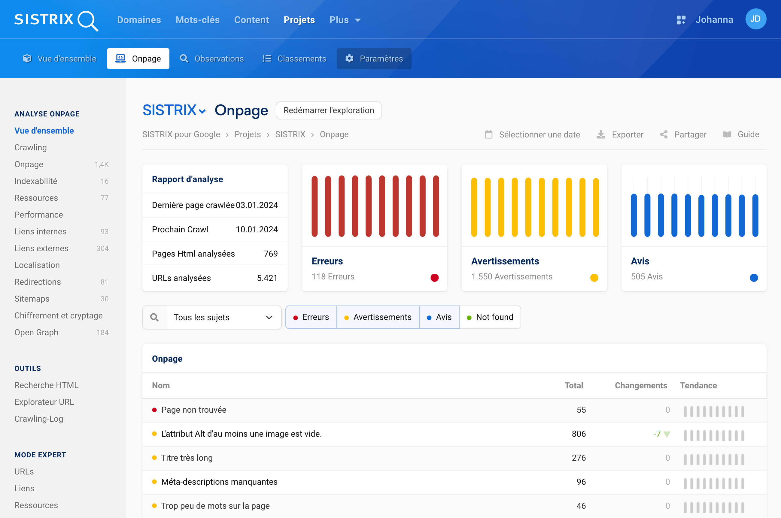 La vue d'ensemble de l'analyse OnPage révèle des erreurs, de nombreux avertissements et des avis.