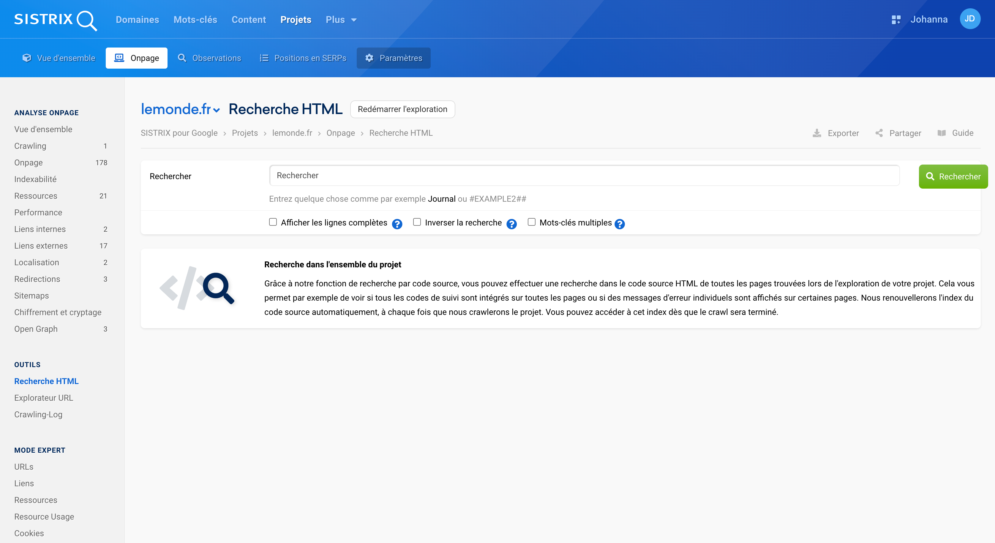 Effectuer une recherche HTML dans un projet Onpage