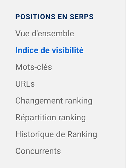 Menu Positions en SERPs dans un projet SISTRIX