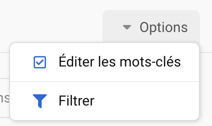 Options pour l'édition des mots-clés dans un projet SISTRIX