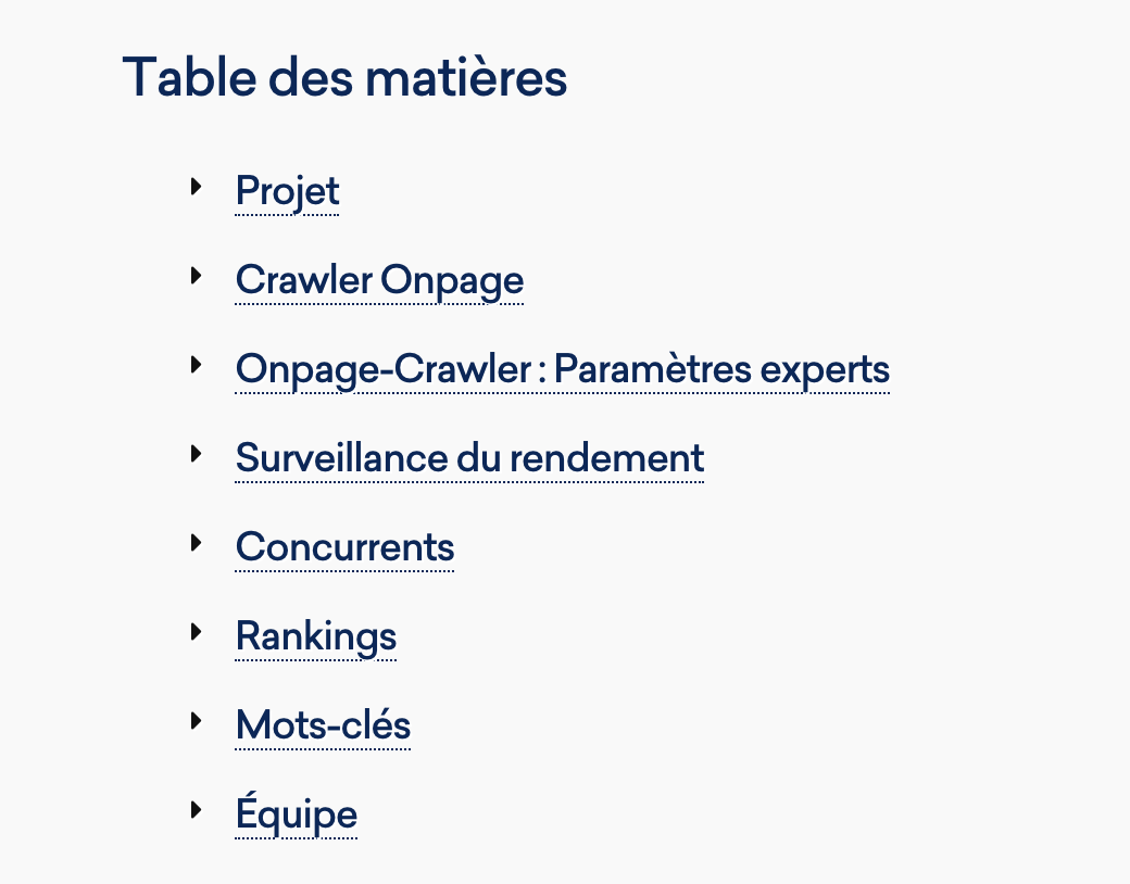 Table des matières dans les paramètres d'un projet