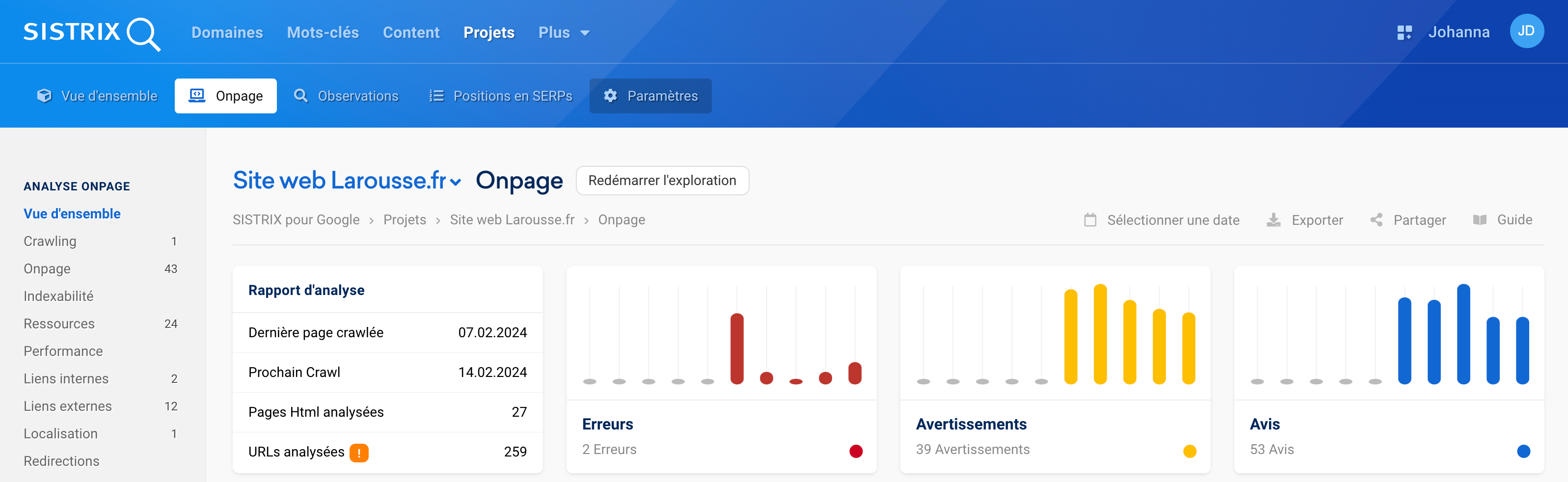 Redémarrer l'explorateur sur la page Onpage d'un projet grâce au bouton prévu à cet effet