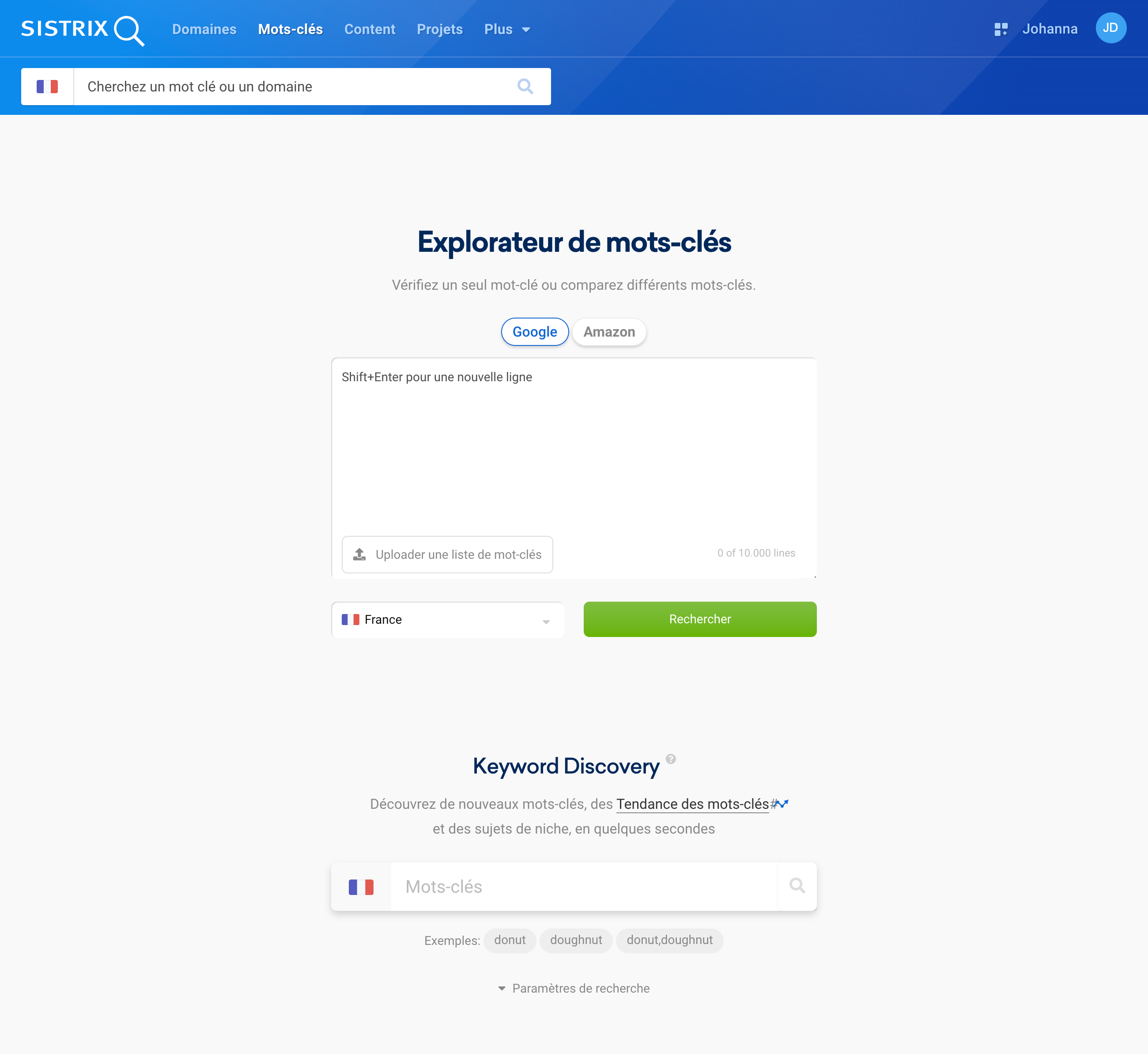 Espace mots-clés sur SISTRIX avec l'explorateur de mots-clés et le keyword discovery