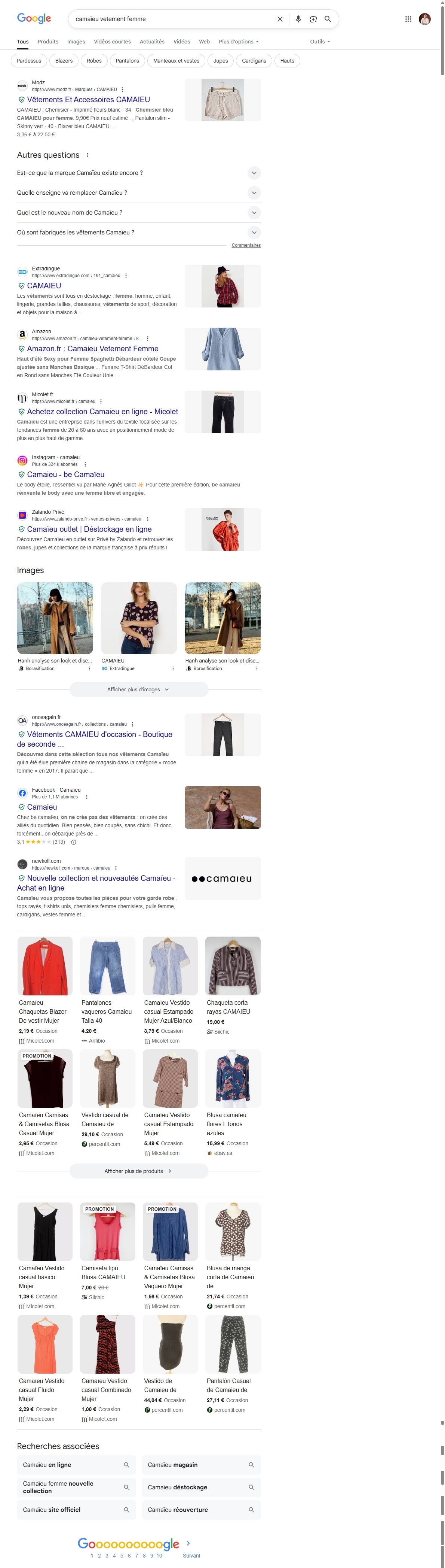 Sur la requête "camaïeu vêtement femme" le site de Celio n’apparaît pas.  Seul le compte Instagram, mal positionné de la nouvelle marque Becamaieu