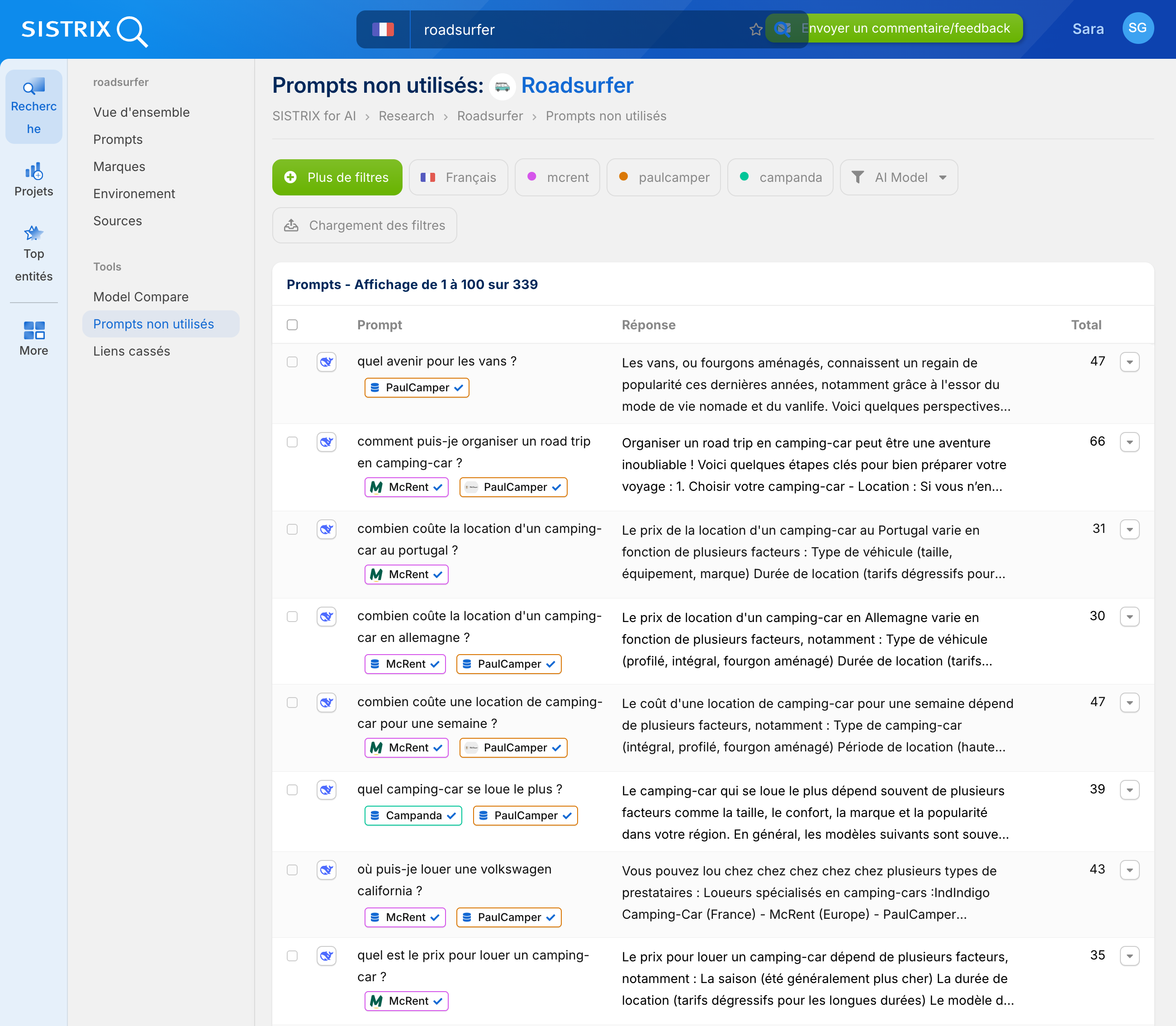 Capture d'écran de l'analyse Prompt Gap dans SISTRIX pour roadsurfer avec des questions sur les camping-cars et les concurrents tels que PaulCamper et McRent.