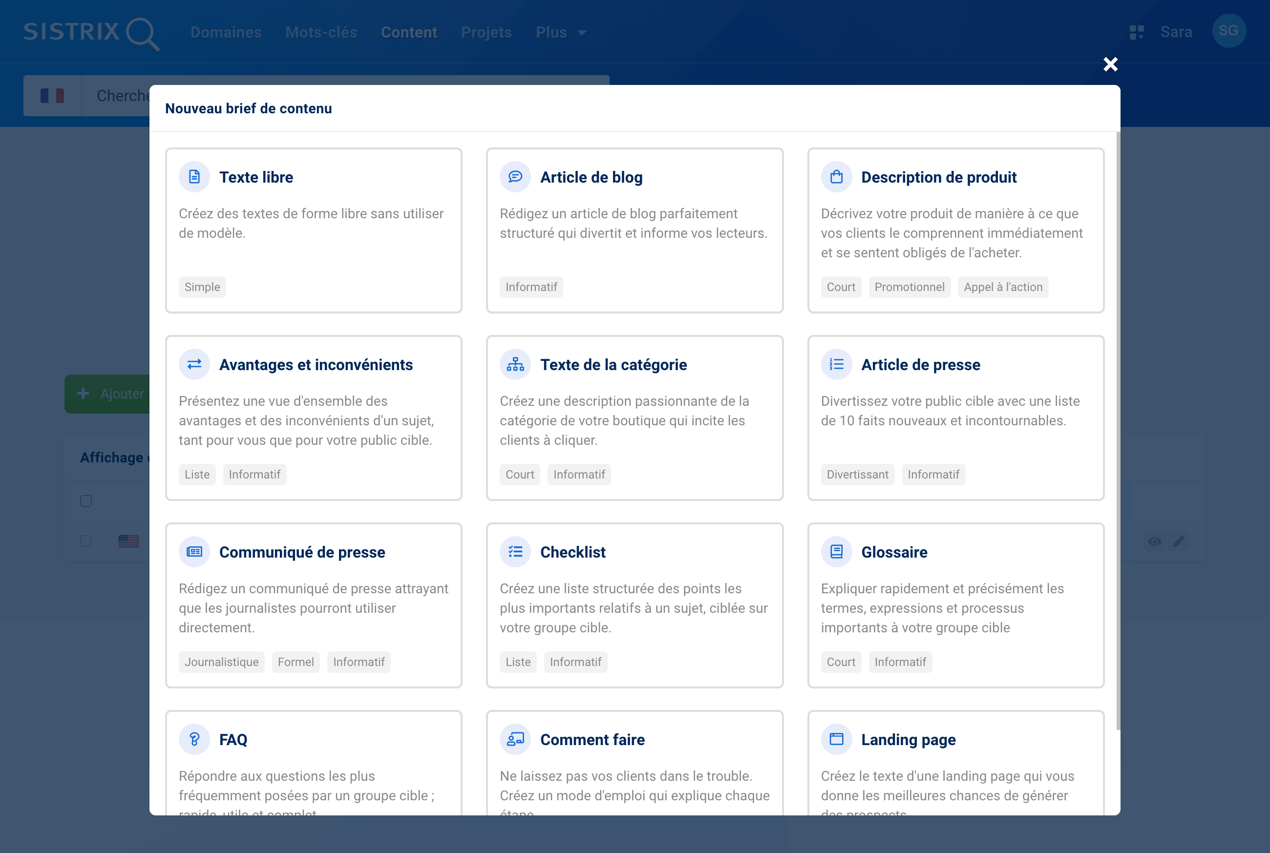 Briefing sur le contenu SISTRIX avec différents modèles de texte tels que des articles de blog, des descriptions de produits, des listes avantages et inconveniénts et des checklist.