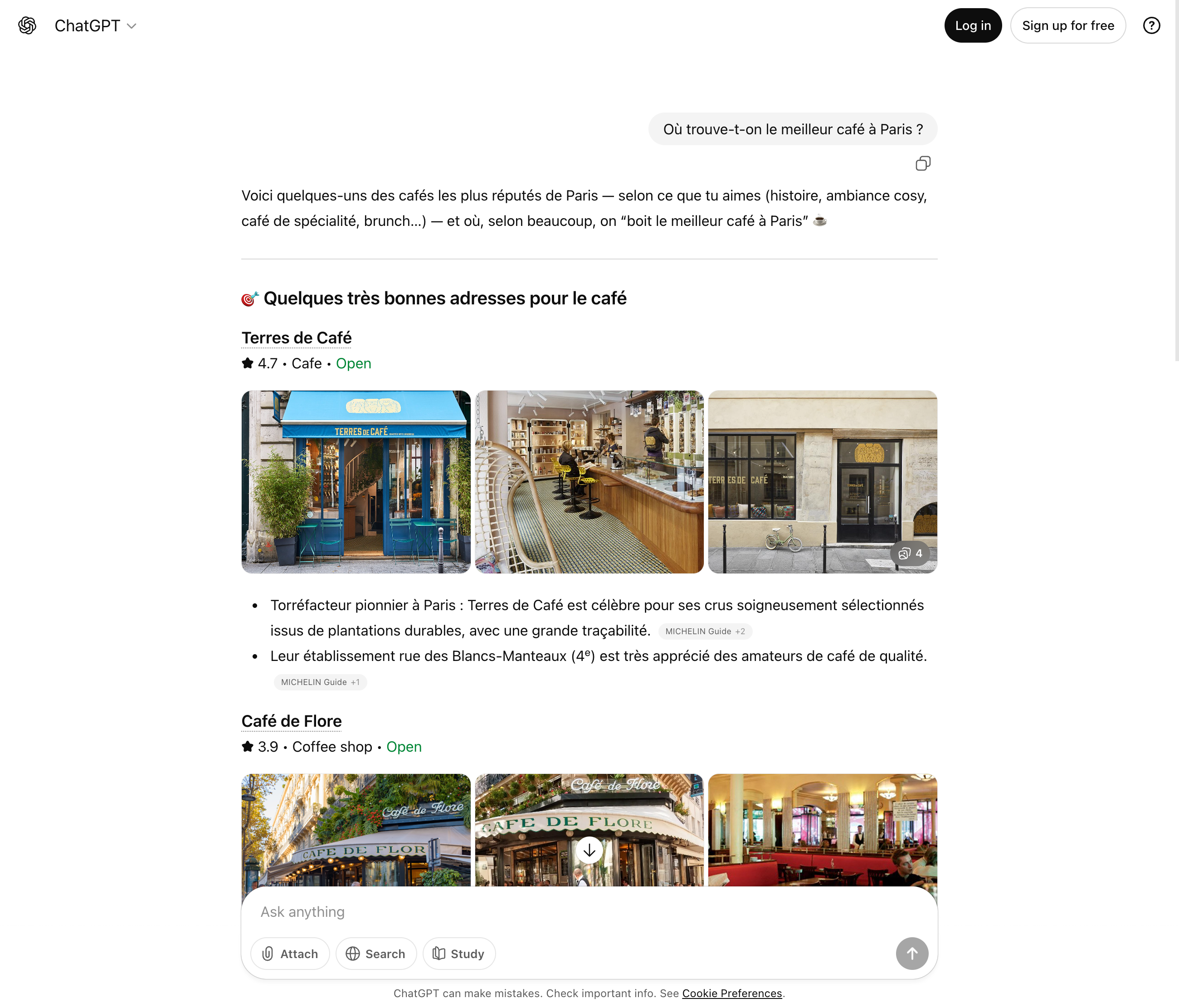 ChatGPT fournit des recommandations de cafés et de torréfacteurs à Paris avec des caractéristiques particulières.