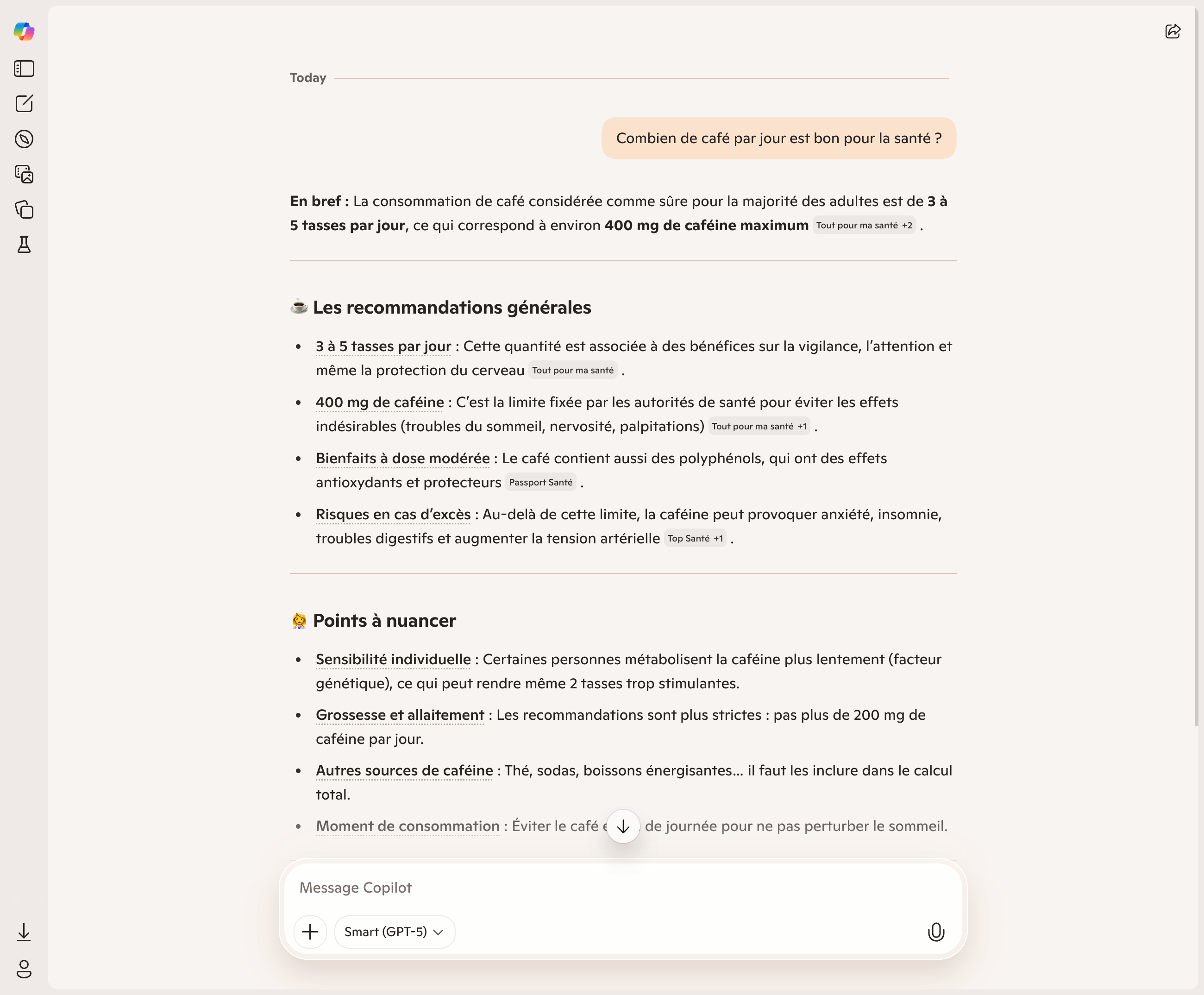 Réponse de Microsoft Copilot sur la quantité de café saine par jour, avec recommandations et exceptions.