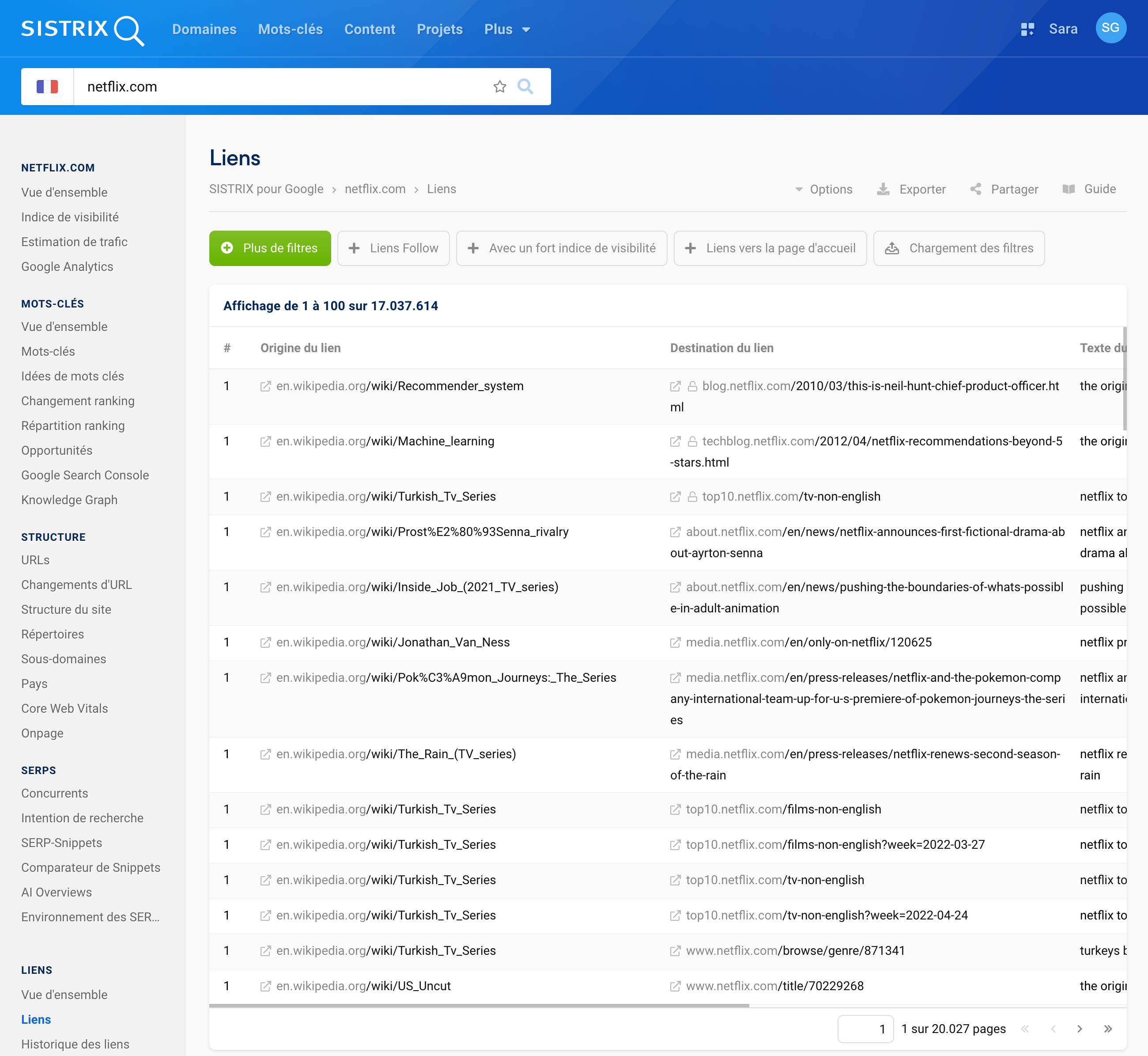Capture d’écran de l’affichage SISTRIX avec l’analyse de liens pour netflix.com, montrant des liens entrants provenant de sources comme Wikipédia, incluant le texte d’ancrage et l’URL cible.